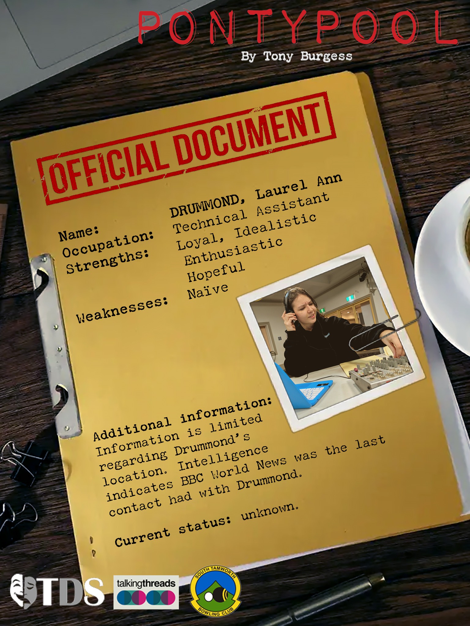 “And Lucky Laurel Ann Drummond is our technical cowgirl today.”
PRIORITY TARGET
As CLSY 660’s technical assistant, Drummond appears to be making efforts to ensure information regarding the Pontypool incident is disseminated; otherwise, the station would not still be broadcasting. Drummond’s military background does not immediately guarantee allegiance. Detain at all costs.
Join us this Friday at 7:30pm, for our Gala Opening Night celebrating the AUSTRALIAN PREMIERE of Pontypool partnering with South Tamworth Bowling Club and Talking Threads.
August 7-15th | Capitol Theatre Tamworth
Get tickets to the show here: https://entertainmentvenues.com.au/pontypool
#tdspontypool2026
#pontypool
#pontypoolbytonyburgess
#thingstodotamworth #captioltheatretamworth #auspremiere
#tds #tamworth #theatre #whatsontamworth