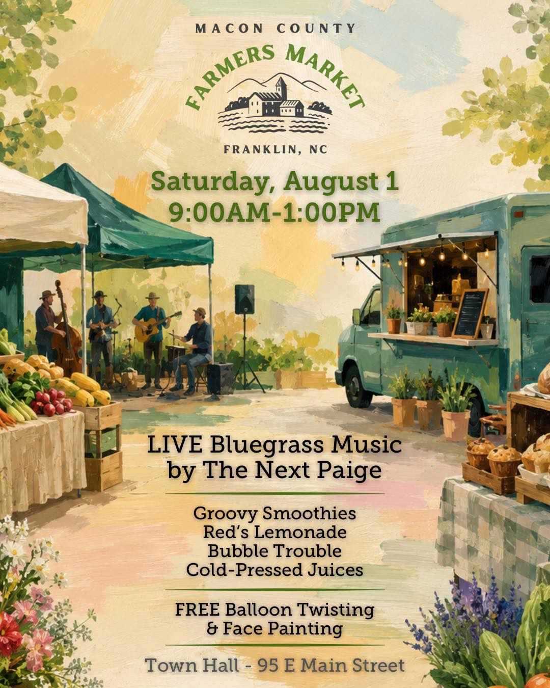 ๐ผ Live Music ๐FREE Balloon Twisting ๐จ FREE Face Painting ๐ Local Produce ๐Gourmet Smoothies ๐ Fresh-Squeezed Lemonade ๐ Cold-Pressed Juices ๐ง Bubble Tea ๐ฅ Fresh Baked Goods ๐ฅฉ Local Lamb & Beef ๐ฅ Farm Fresh Eggs ๐จ Handmade Woodwork ๐ Handmade Jewelry ๐งโ๐จ Local Art ๐ถ Adoptable Fur Babies ~ And much more!