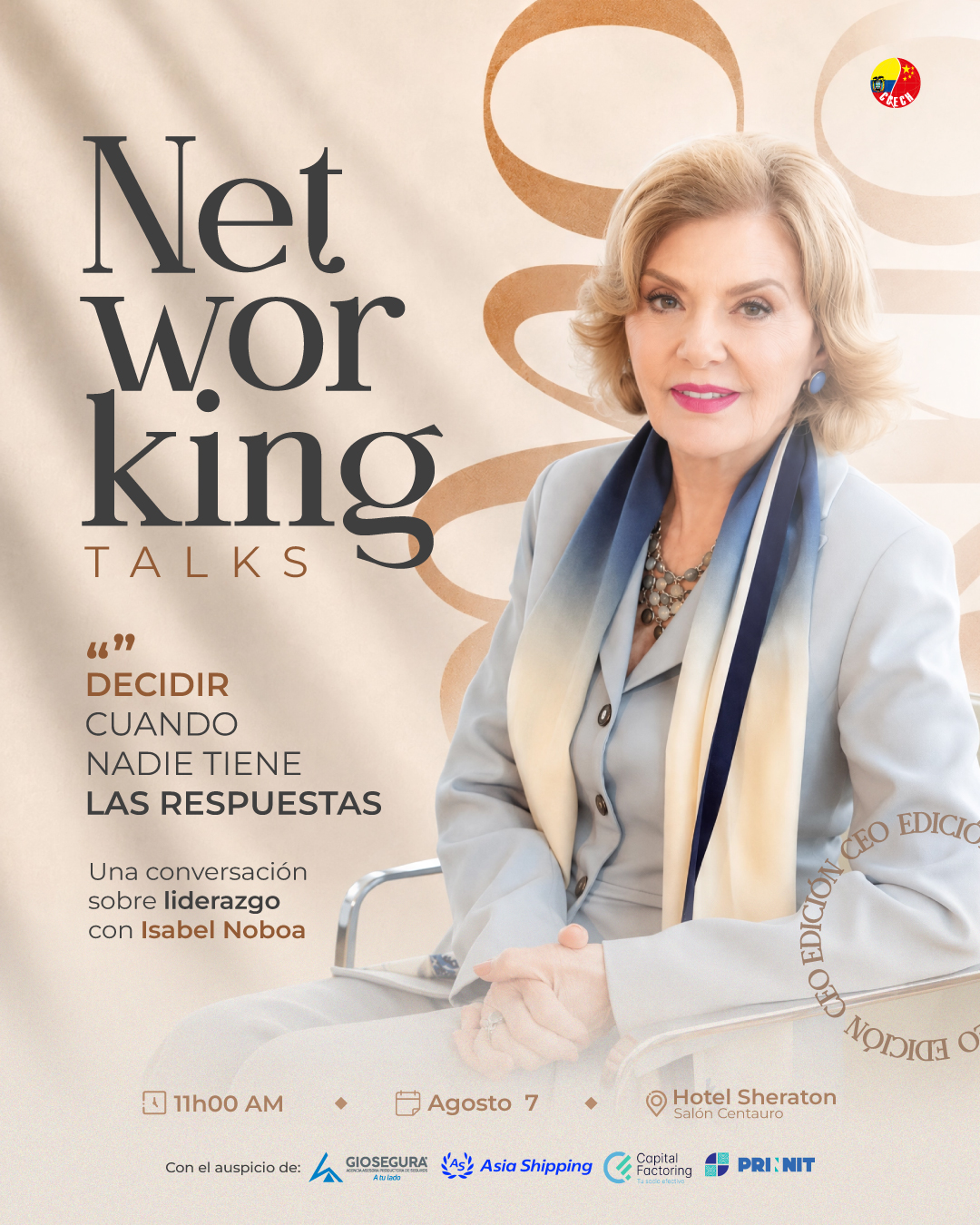 ¡Un evento de liderazgo que no te puedes perder! 🙌🏼✨
En Annex Asia siempre estamos a favor de los espacios que impulsan el crecimiento empresarial y el networking de alto nivel.
Por eso, les compartimos la invitación a esta edición especial de las Networking Talks - Edición CEO con Isabel Noboa, un evento organizado por la Cámara de Comercio Ecuatoriano China (CCECH). 💡
📌 Agéndalo:
🗓️ Viernes, 7 de Agosto
🕚 11h00 AM
📍 Hotel Sheraton (Salón Centauro)
¡Acompáñanos a conectar con el ecosistema empresarial!