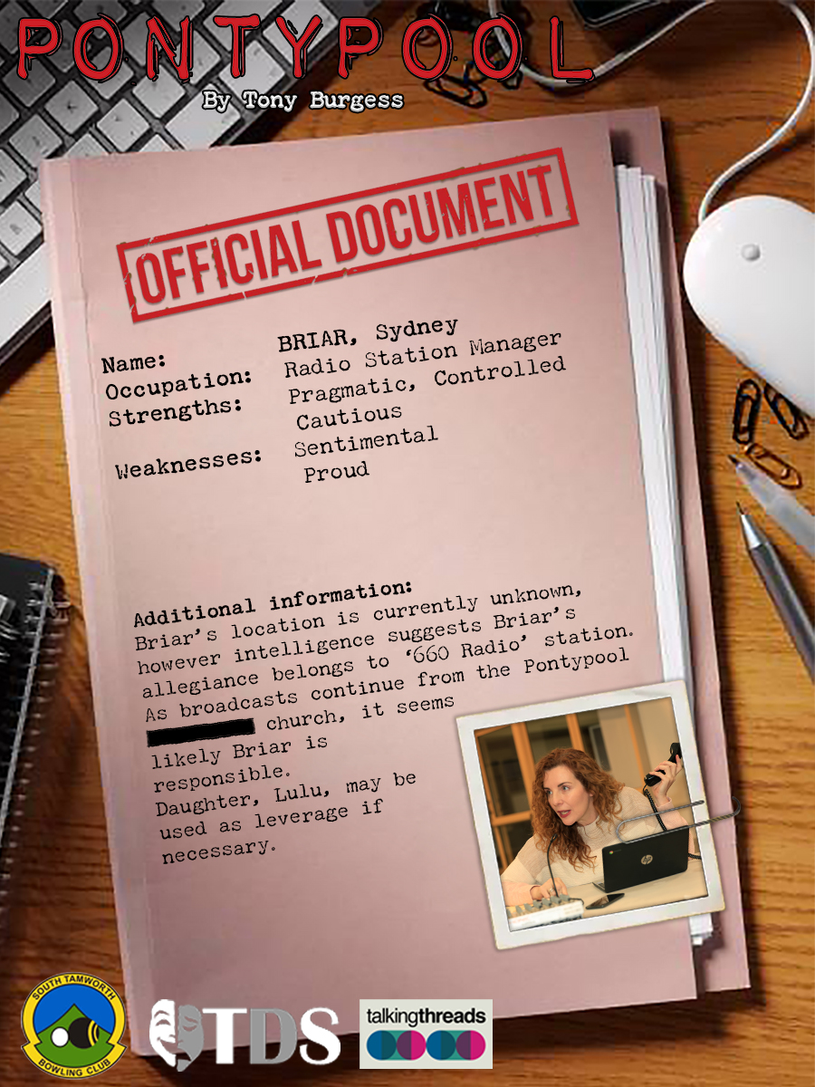 “I should mention, our producer, the lovely and talented Ms. Sydney Briar is here.”
PRIORITY TARGET
CLSY 660’s producer, Sydney Briar, is responsible for broadcasting coverage of the Pontypool incident. It is imperative that Briar cannot be allowed to continue. Detain at all costs.
Join us this Friday at 7:30pm, for our Gala Opening Night celebrating the AUSTRALIAN PREMIERE of Pontypool partnering with South Tamworth Bowling Club and Talking Threads.
August 7-15th | Capitol Theatre Tamworth
Get tickets to the show here: https://entertainmentvenues.com.au/pontypool
#tdspontypool2026
#pontypool
#pontypoolbytonyburgess
#thingstodotamworth #captioltheatretamworth #auspremiere
#tds #tamworth #theatre #whatsontamworth
