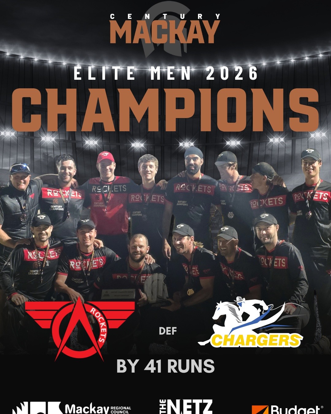 Our 2026 Century Mackay champions winning by 41 runs are the Rockets, taking charge in a dominating win over the Chargers this evening.
Will Bosisto starred with 91 off 61 balls and Yuvraj Singh taking a hat trick and ending up 5 for 17.
Well done lads, onto Brisbane next week.