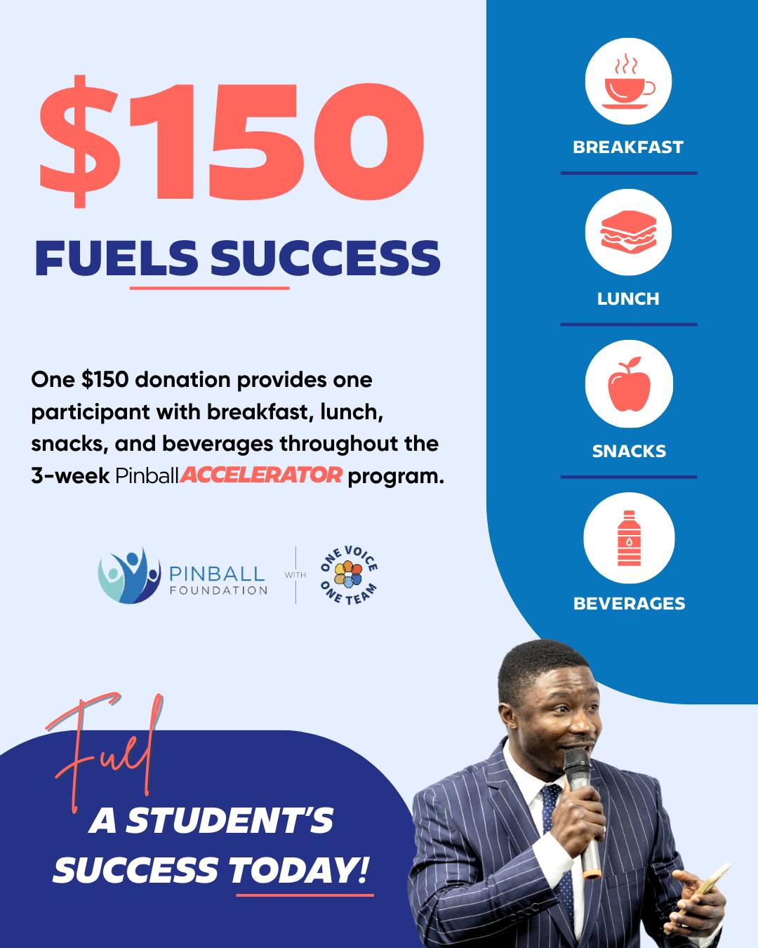 PinballACCELERATOR Cohort 5 begins today! Every student deserves the opportunity to focus on building their future, not worrying about their next meal.
A gift of $150 provides one participant in our 3-week PinballACCELERATOR program with breakfast, lunch, healthy snacks, and beverages, giving them the nourishment they need to learn, grow, and succeed.
When basic needs are met, confidence grows, opportunities open, and futures change.
Help fuel a student's success today. https://www.pinballfoundation.ca/donate