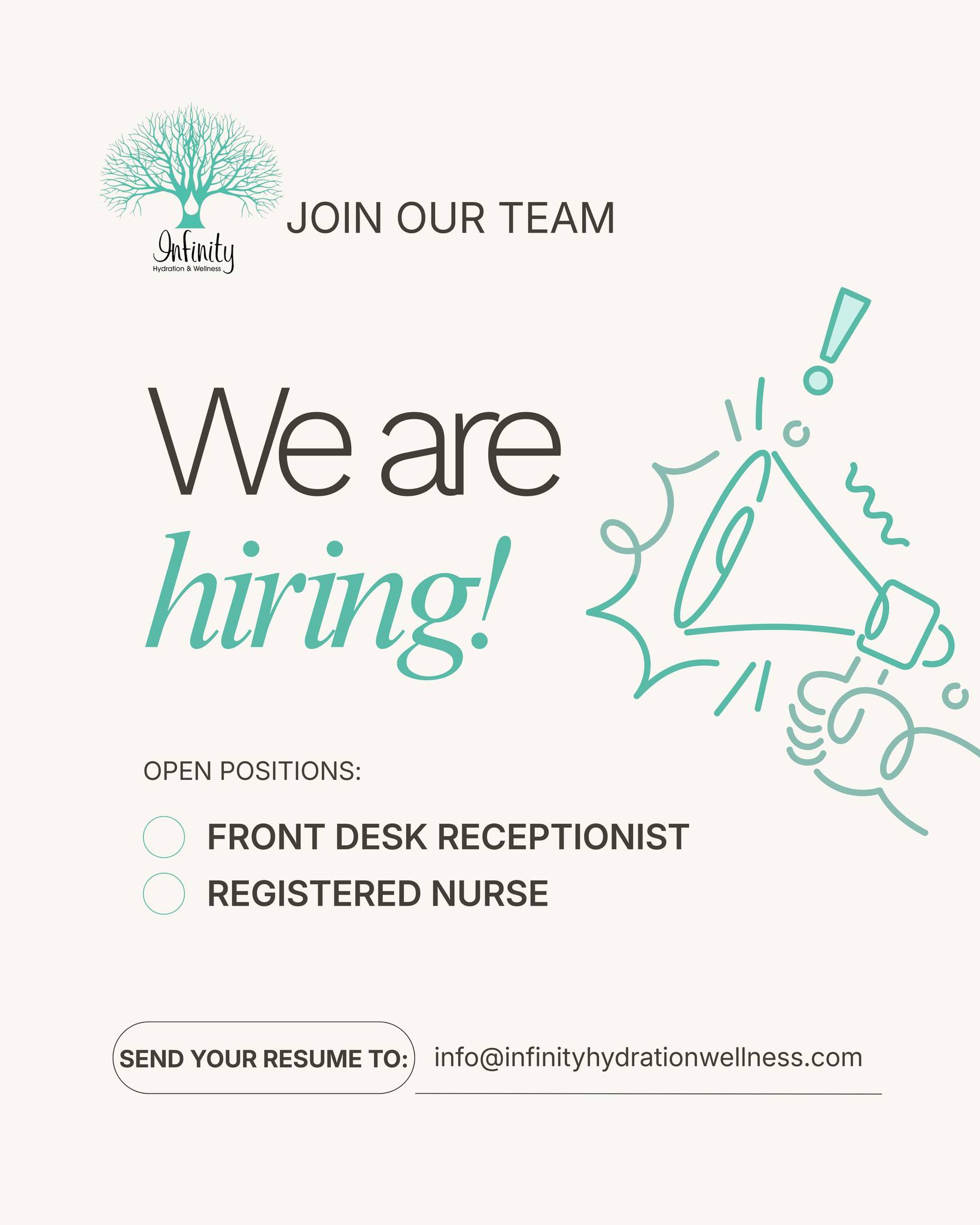 We're Hiring! Front Desk Receptionist & RN!
โ
Competitive Pay
โ
Supportive Work Environment
๐Send your resume to info@infinityhydrationwellness.com