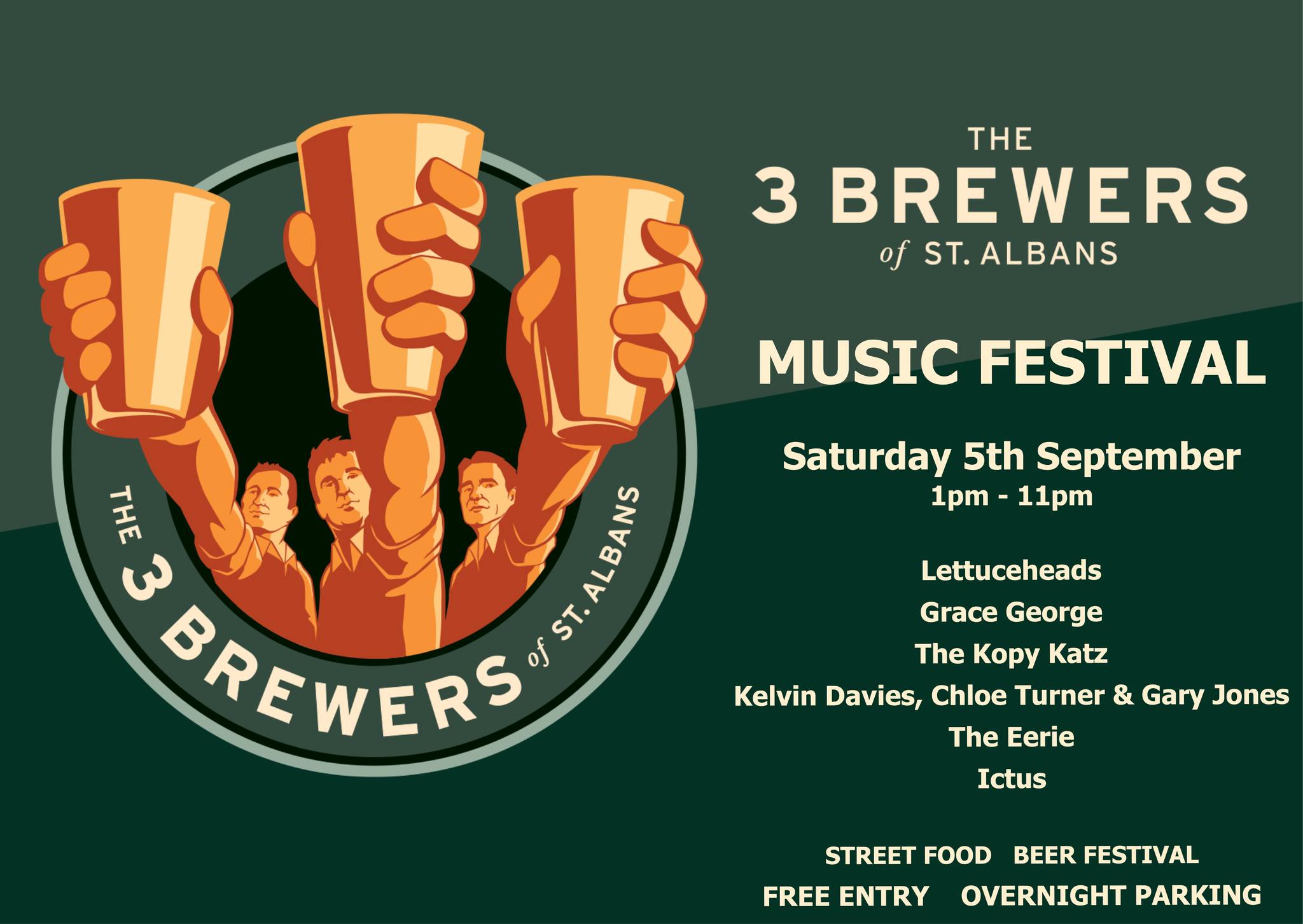 The 3 Brewers Music Festival 5th Sept 2026
I've been reliably informed this is a genuine conversation that happened at Glasto HQ a few weeks ago:
Michael E: You seen 3 Brewers lineup Em?
Emily E: Yep Dad. Why do we bother - they've cornered the market in top talent yet again.
Michael: I honestly don't know how they do it. Shall we call it another fallow year at Glasto this year?
Emily: Great idea pops. I'll book a minibus and we can all go to 3 Brewers Festival!
They're not wrong. The musical lineup is phenomenal:
The Lettuceheads (best covers band around)
Grace George (local legend with one of those Sheeran loopy things)
The Kopy Katz (Rockabilly)
Kelvin Davies, Chloe Turner & Gary Jones (folky guitars & harmonica)
The Eerie (surf guitar)
Ictus (jazz without the weird bits)
We've also got tremendous street food vendors, a beer festival (including our new Pilsner Lager and Grand Stout!) and the very best vibes around.
How much is this extravaganza? Zilch. Nowt. It's free. No tickets. No 'pre sale'. No 'early bird' discount. Just round up yer homies and get to the farm for 1pm
People often ask why I don't charge an entry fee. Well financially it would make sense, but it also means our slightly wonky festival would have to straighten up. I'd have to be even more bothered about bog roll, and you can't claim 'I thought it was in the ticket price' when I catch you nicking our branded plastic glasses. It isn't slick. Never will be. If you've been before you know what I'm on about. Marketing boffins would call it rustic charm or some such nonsense.
More posts to follow soon, including stage times, food lineup etc.
Roadworks Update: Till end of August Coopers Green Lane (CGL) is shut at the WGC end - you'll need to get on to CGL via the Industrial Estate ie Hatfield Ave. If you're travelling from St A - no probs it's open as normal - ignore signs saying it's closed.
See y'all soon
The 3 Brewers of St Albans
@theeerielondon @the_lettuceheads Ed Sheeran @thekopykatz @kelvindaviesmusic @chloeandkelvin @officialgracegeorge @twotwosfood @salathaiuk @southhertscamra South Herts CAMRA @whatsonstalbans @thechocspotuk