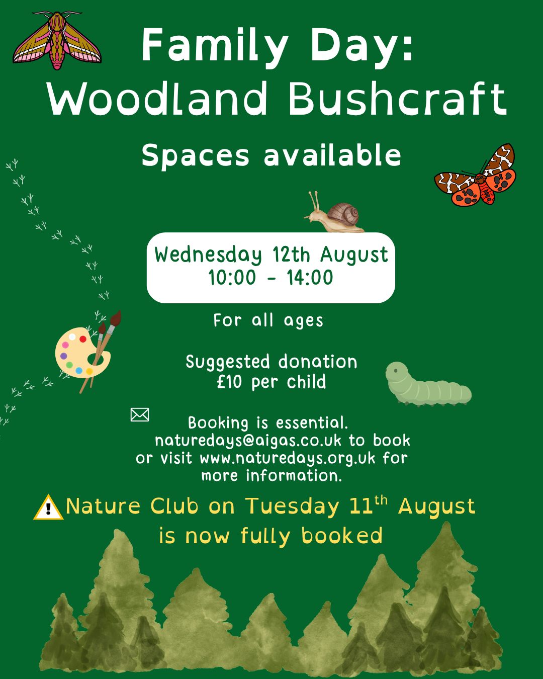 Hi folks 👋🏼
We still have a few spaces available on our last Family Day of the summer, on Wednesday the 12th of August. The day will be bushcraft themed and we plan to spend most of it in our plantation woodland, where we'll be doing crafts, playing games and generally immersing ourselves in nature! 🌳
It will run from 10am - 12pm and all ages are welcome.
Please drop us an email at naturedays@aigas.co.uk to book on, or if you have any questions. Hope to see you there! 🍃