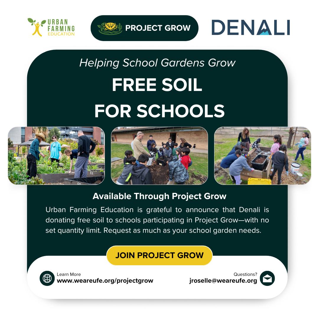 Healthy soil helps strong school gardens take root! 🌱
Urban Farming Education is grateful to announce that Denali Water Solutions is donating free soil to schools participating in Project Grow. This generous support will help transform open spaces into outdoor classrooms where students can grow food, build hands-on skills, and learn through experience.
Project Grow officially kicks off this September! With no set quantity limit, participating schools can request as much soil as their gardens need.
Join Project Grow at www.weareufe.org/projectgrow or contact jroselle@weareufe.org.
Available materials and quantities are subject to current availability. Materials are offered in bulk, and pickup is required.
#ProjectGrow #SchoolGardens #UrbanFarmingEducation #OutdoorLearning #DenaliWaterSolutions