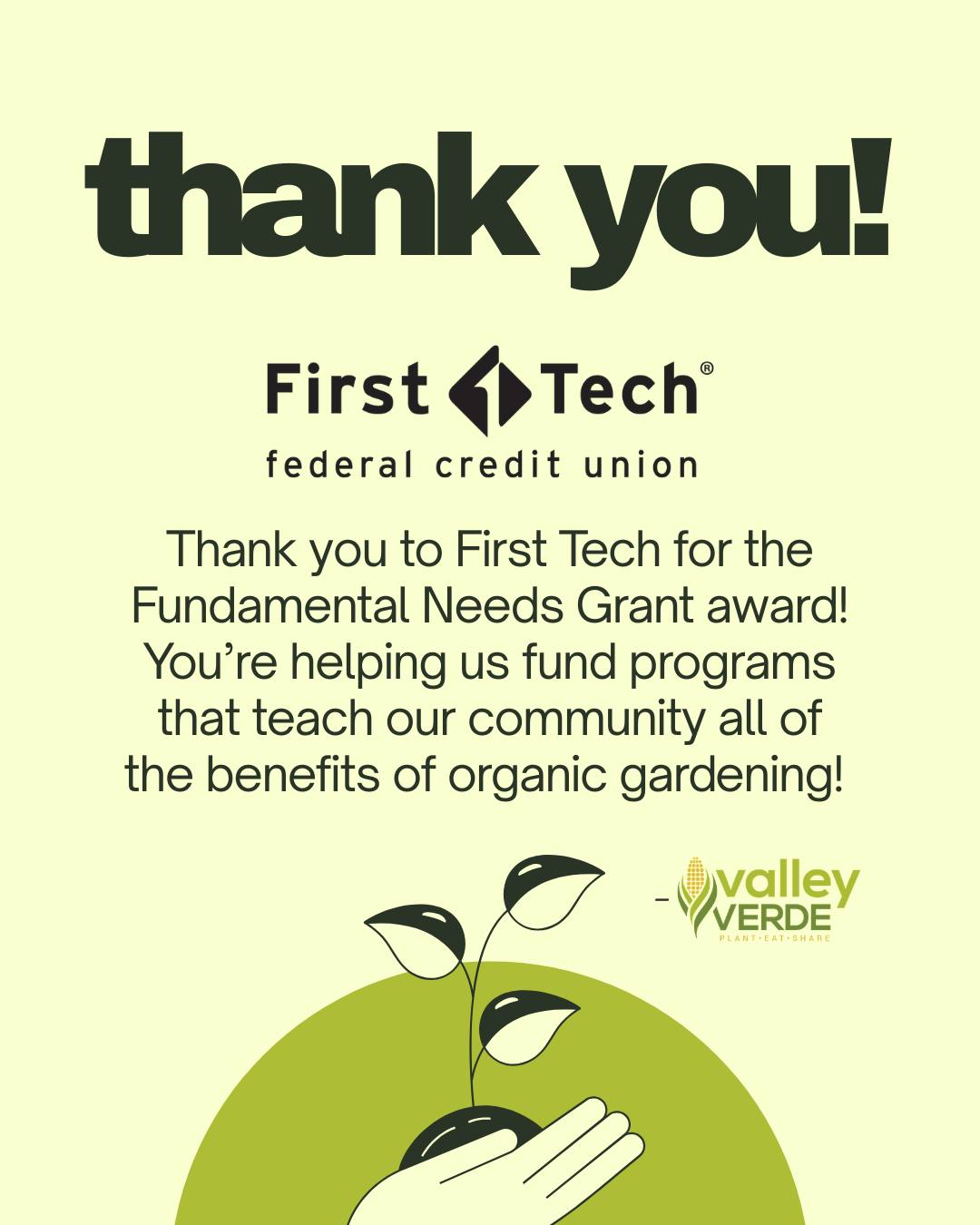A huge, overdue thank-you to @firsttechfed ! 💚 Receiving their Fundamental Needs Grant has helped us expand our organic gardening courses and programs and equip local community members with garden beds to offset high grocery costs.