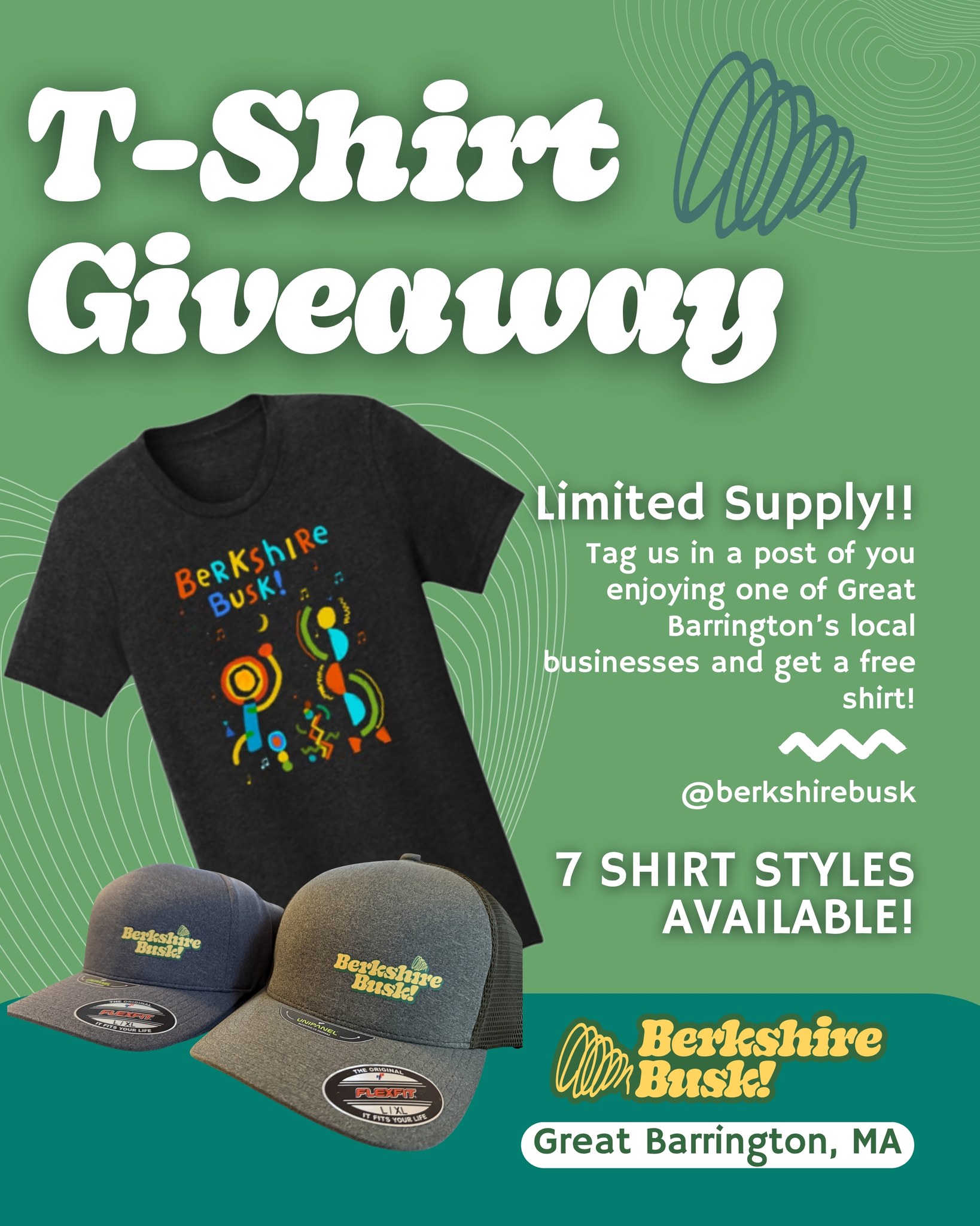 Four weeks* left of our special, free T-Shirt Giveaway!
On any Berkshire Busk! evening, head to our info booth. If you can show us a post of you supporting a Great Barrington business within the last 7 day - whether it's an ice cream cone, your new favorite sweater, or anything in between-you get your pick from the Berkshire Busk! archives while supplies last. Limit 1 item per week - so you'll have to keep coming back for more!
*Ends September 5 or when we run out of giveaway items!