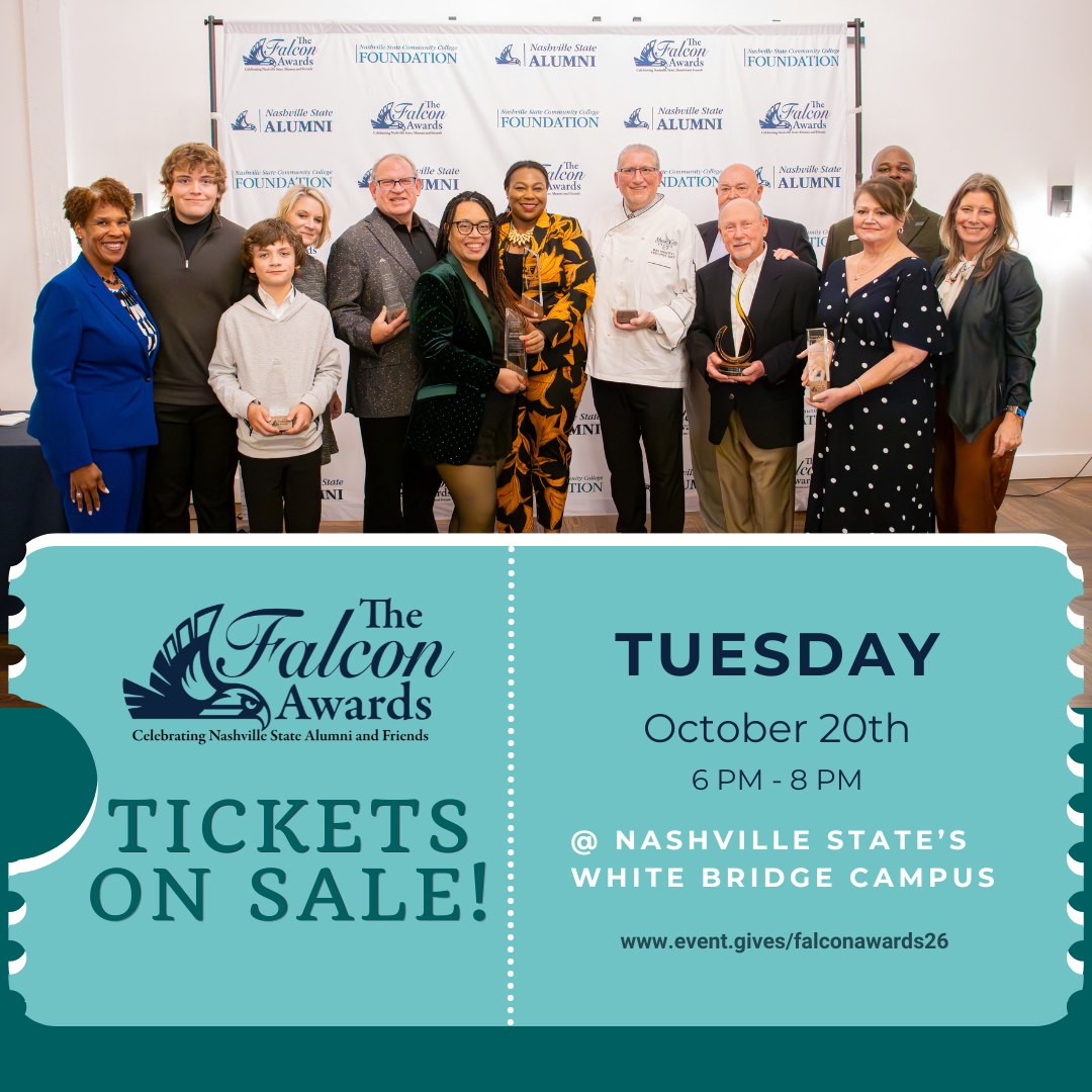 It’s that time! 🎉 Tickets are now on sale for the Falcon Awards!
Join us as we celebrate Nashville State alumni, supporters, and volunteers whose achievements, generosity, and service are opening doors and inspiring futures.
🎟️ Get your tickets at the link in bio!
#NashvilleState #NSCCFoundation #FalconAwards