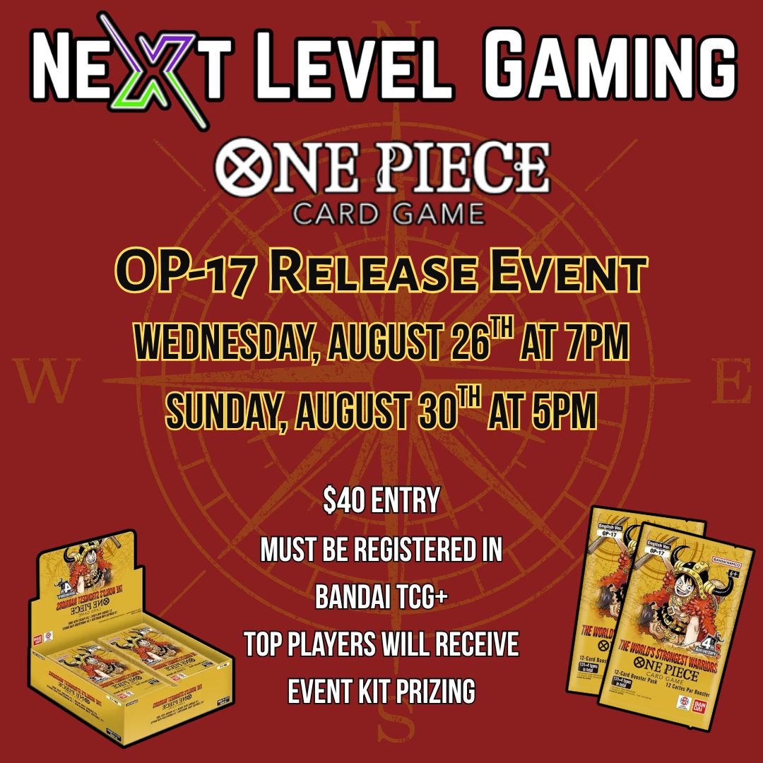 We are hosting two release events for OP-17! The first will be on Wednesday, August 26th at 7pm and the second is on Sunday, August 30th at 5pm!
Both of these events will be a $40 entry and players are required to sign up on BANDAI TCG+. Registration will begin at 6pm for "Successful" players. After 6:50pm, "Waitlisted" players will take any open seats left.
#onepiececardgame #onepiecetcg #onepiece #tcgcommunity #cardshop