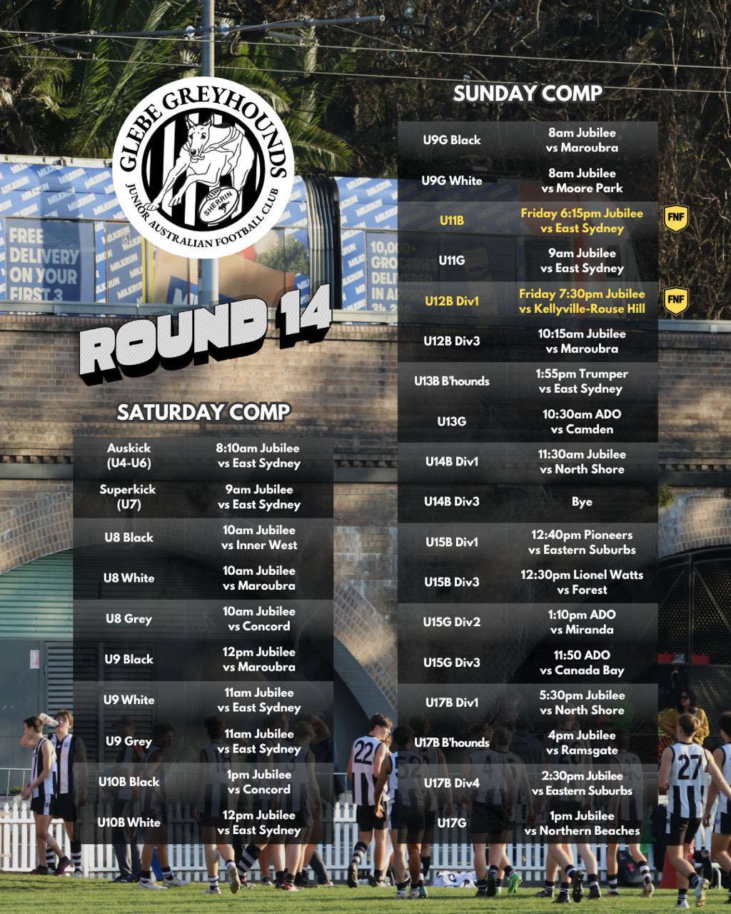 Round 14 fixture: home ground farewell to our top age U17 players
It’s a bumper weekend of footy at Jubilee Oval, with games across Friday night, Saturday and Sunday.
A highlight is undoubtedly the four back-to-back U17 games on Sunday afternoon - when our top age U17 players will run out onto Jubilee Oval for the final time. Whether it is your 1st or 15th season for the Greyhounds/Bloodhounds… thank you for playing your football wish us!
Carna Greyhounds and Bloodhounds 🐾
