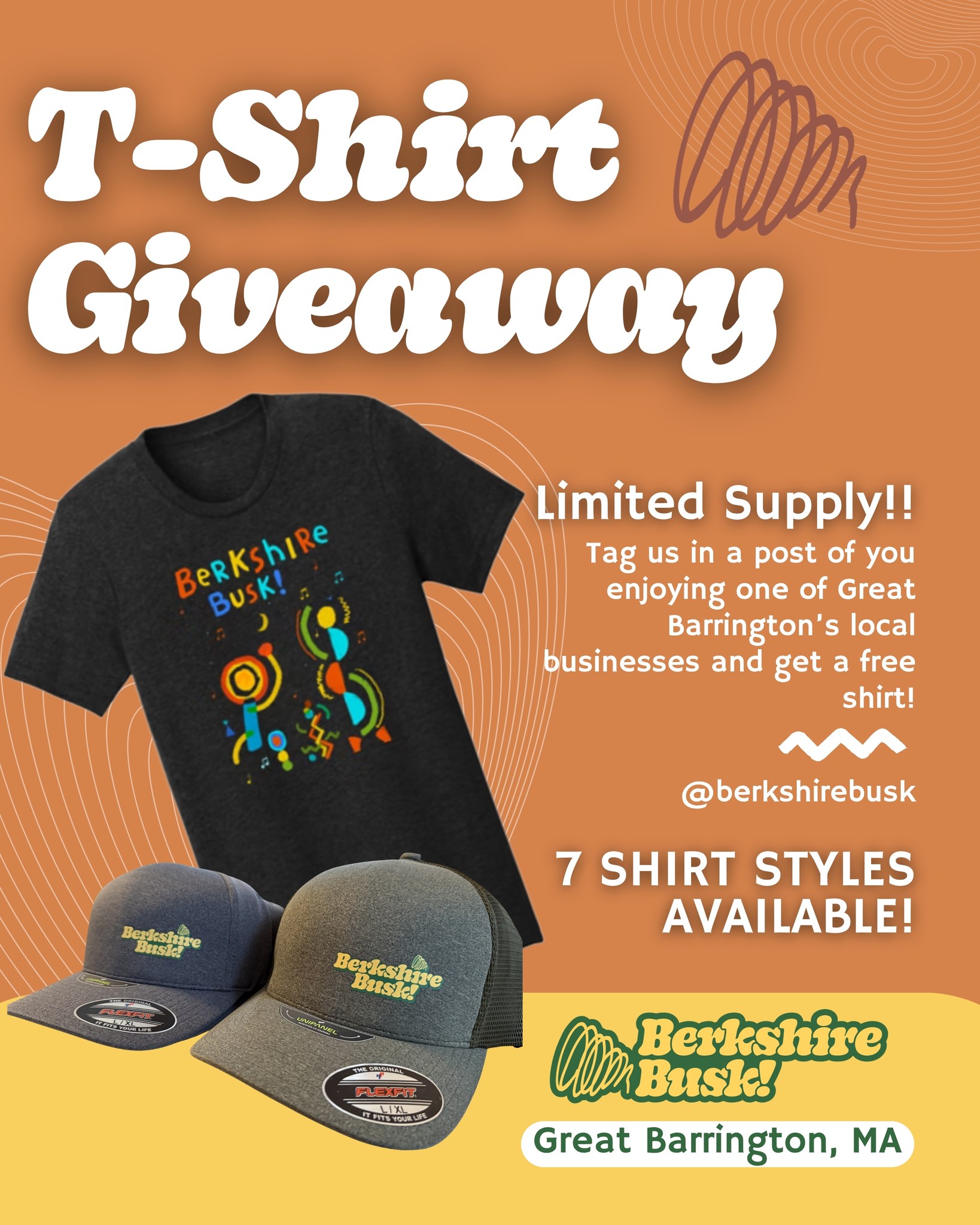 Three weeks* left of our special, free T-Shirt Giveaway!
On any Berkshire Busk! evening, head to our info booth. If you can show us a post of you supporting a Great Barrington business within the last 7 day - whether it's an ice cream cone, your new favorite sweater, or anything in between-you get your pick from the Berkshire Busk! archives while supplies last. Limit 1 item per week - so you'll have to keep coming back for more!
*Ends September 5 or when we run out of giveaway items!