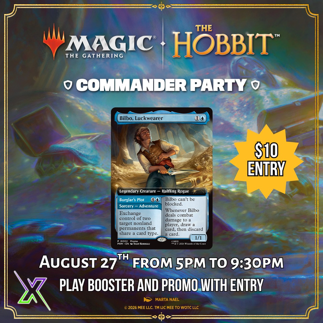 Mark your calendars! We will be hosting our MTG The Hobbit Commander Party on Thursday, August 27th from 5pm to 9:30pm! It is a $10 entry and players will receive a play booster pack and promo card (shown above).
Players will play in groups of 2-4 in regular comnmander matches. This event will not have a winner, so it is just participation! We look forward to seeing everyone there!
#tcgcommunity #thehobbit #cardshop #magicthegathering
