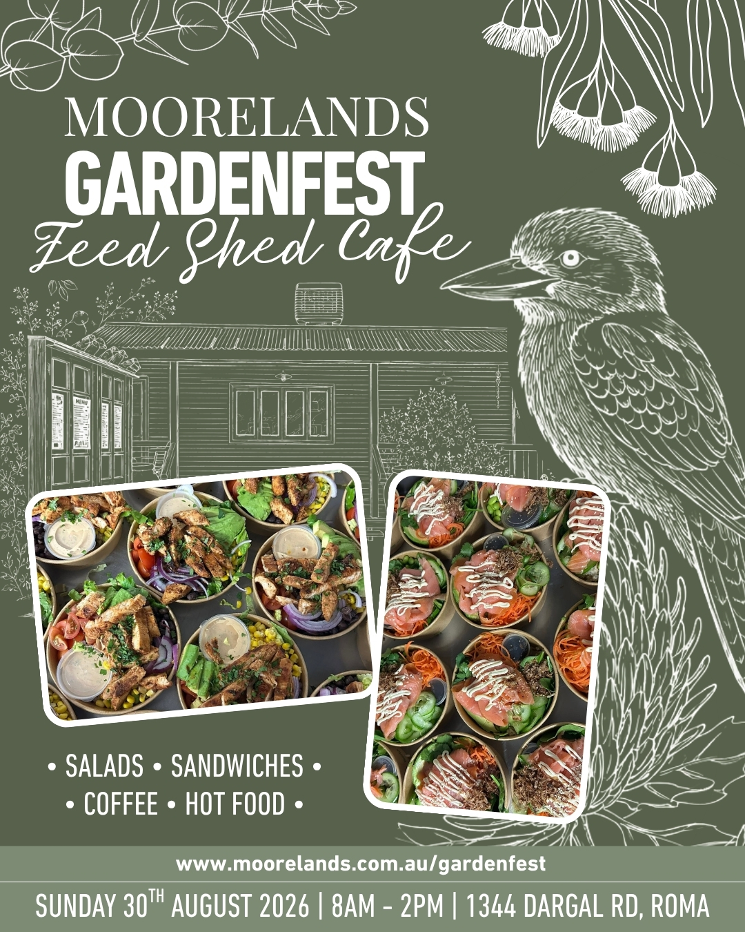 πΏ MOORELANDS GARDENFEST 2026 πΏ
You'll be well fed at The Feed Shed! On the day they will have a delicious range of salads, sandwiches, coffee and hot food to keep you going while you explore the stalls, demonstrations and workshops.
Whether you need a hearty bite between demonstrations or a coffee to start the morning right, The Feed Shed will have you covered.
Save the date, mark it on your calendar! π
Sunday 30th August, 8amβ2pm
1344 Dargal Road, Roma
moorelands.com.au/gardenfest