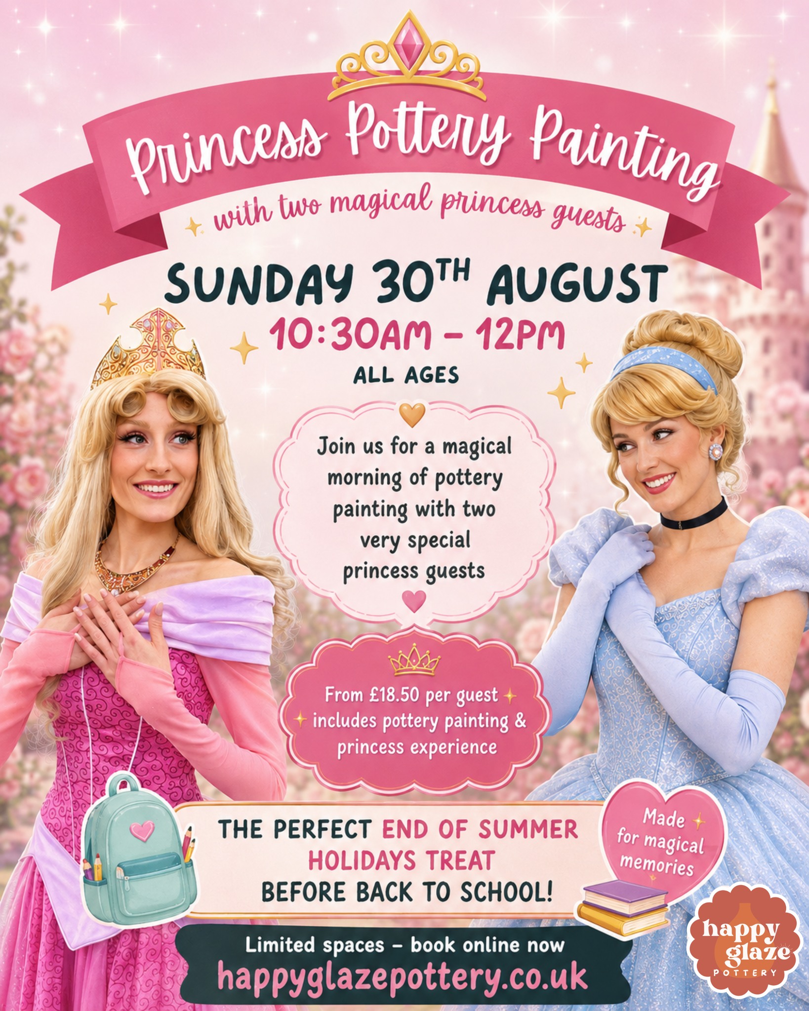 ✨👑 You asked... so we've squeezed in one more Princess Pottery Experience before the summer holidays are over! 👑✨
We loved our last princess morning... and judging by all your lovely messages, photos and comments, you did too! 💕
So we've added one extra magical event to round off the summer holidays...
💙 Cinderella & Sleeping Beauty
📅 Sunday 30th August
⏰ 10:30am–12pm
Expect a magical morning of pottery painting, singing, photos and plenty of unforgettable memories. ✨
🎟️ Tickets are now on sale!
If our previous princess events are anything to go by, we'd definitely recommend booking soon if you'd like to join us 💛
Book here: https://www.happyglazepottery.co.uk/events/princess-pottery-painting-experience-2
Who's got a little prince or princess who'd LOVE this? Tag them below! 👇
#HappyGlazePottery #PrincessExperience #ThingsToDoInDevon #Tiverton #PotteryPainting