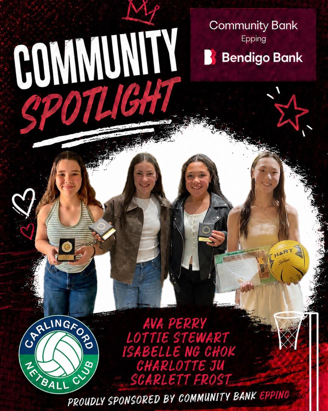 βοΈ Community Spotlight proudly sponsored by @communitybank_epping βοΈ
This weekβs Community Spotlight shines on five of our outstanding representative players who were recognised at the Hills District Netball Association End of Season Representative Dinner!
We are incredibly proud to celebrate the achievements of these players, who were recognised for their outstanding contributions throughout the 2026 representative season.
π Award recipients:
Ava Perry - U13 Development Squad Coaches Award
Lottie Stewart - U12 State Titles Team Coaches Award
Isabelle Ng Chok - U11 Development Squad Coaches Award
Charlotte Ju - U14 Development Squad Players Player
Scarlett Frost - U14 Development Squad Coaches Award
A huge congratulations also goes to all of our Carlingford Netball Club players who proudly represented Hills District Netball Association throughout the 2026 representative season. We are so proud of every player who represented our club with pride.
Congratulations to all of our award recipients and representatives on an outstanding season! π