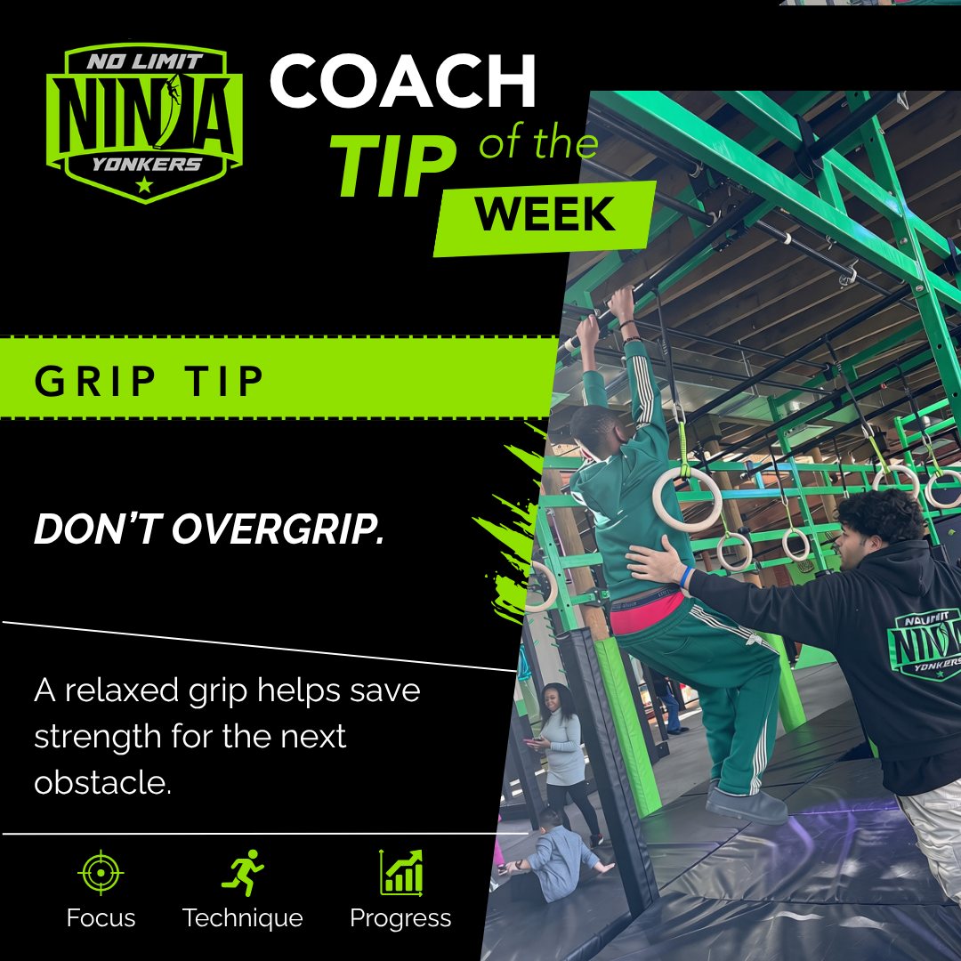 ✋ Coach Tip of the Week: Don’t overgrip.
A strong grip matters, but squeezing every hold at full strength can wear you out. Stay controlled and save some grip for what comes next.
#NoLimitNinjaYonkers #GripStrength #CoachTip #NinjaTraining #NinjaAthlete #ObstacleTraining