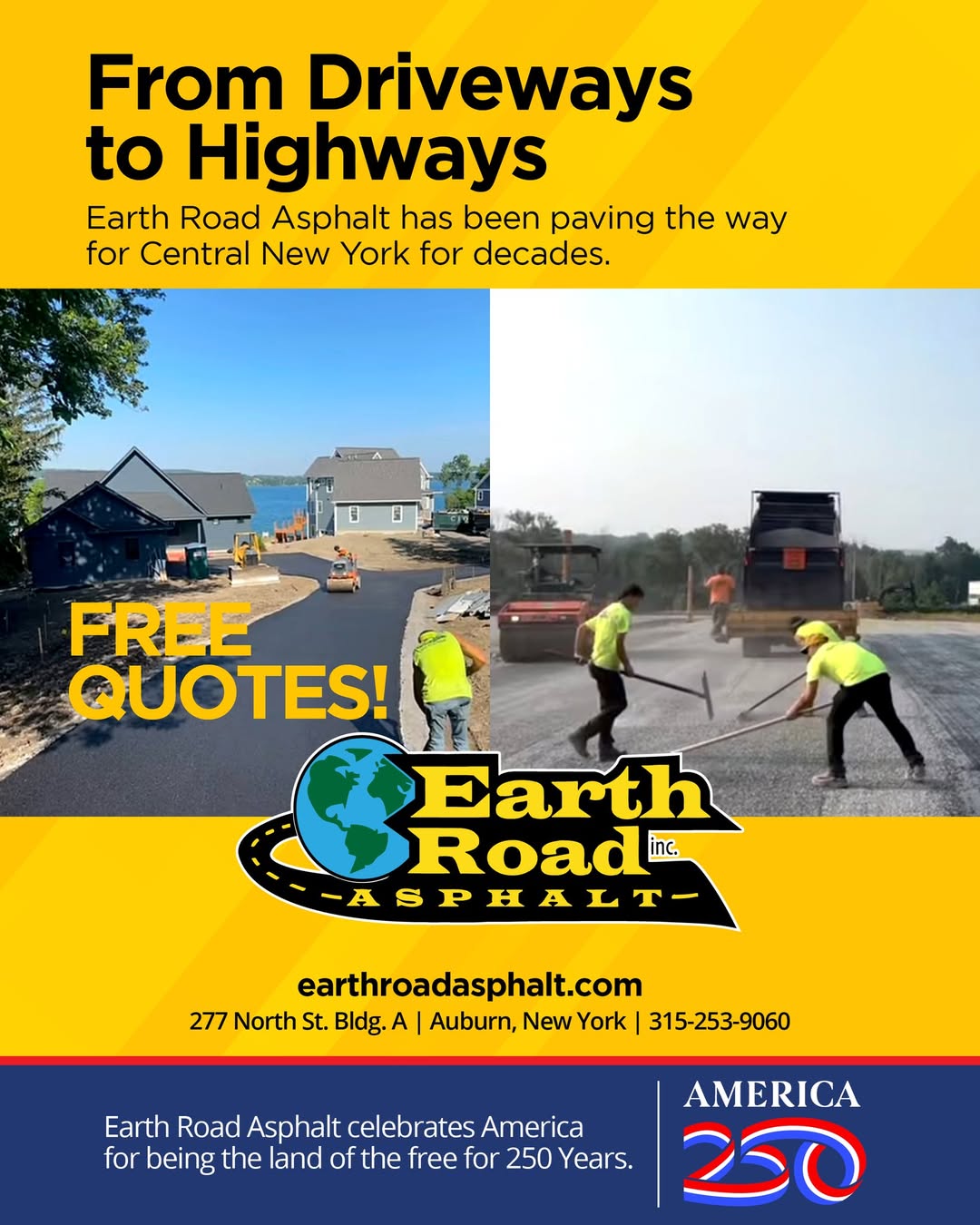 From driveways to highways, Earth Road Asphalt has Central New York covered.
Whether you're upgrading your home's driveway or tackling a large commercial or municipal paving project, our experienced team delivers quality workmanship that stands the test of time.
✅ Free Estimates
🏡 Residential Driveways
🛣️ Commercial & Municipal Paving
📍 Proudly serving Central New York!
Ready to pave the way? Contact Earth Road Asphalt today!
🌐 earthroadasphalt.com
📞 315-253-9060
#EarthRoadAsphalt #CentralNewYork #Paving #Asphalt #Driveways #WME #CommercialPaving #RoadConstruction #FreeEstimates #QualityWork #ResidentialPaving #MunicipalProjects #SiteDevelopment #CNYBusiness #AuburnNY #America250