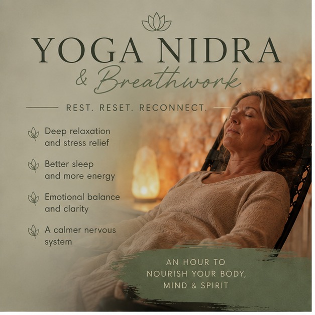 ✨ **Imagine giving your nervous system an entire hour to simply rest.** ✨
Life asks so much of us. This is your invitation to pause.
Join Jen Rizza @jenyogareikihealing for an evening of **Yoga Nidra & Breathwork** inside the beautiful healing space of **Salt of the Earth Salt Wellness Center** on **Thursday, August 13th from 6–7pm**.
🧂 The setting: Himalayan salt cave with healing properties
🌿 The evening starts with grounding & centering
🫁 Follow guided breathwork for balance & calm
🕊 Relax with yoga nidra meditation to rest & restore
✨ Benefits may include:
• Deep relaxation and stress relief
• Reduced anxiety and mental overwhelm
• Better sleep quality
• Improved emotional balance
• Greater clarity, presence, and inner peace
The combination of halotherapy salt healing with Yoga Nidra and conscious breathwork, is a beautiful opportunity to nourish your body, mind, and spirit.
This is more than a class—it's a chance to reconnect with yourself.
💛 **Thursday, August 13**
🕕 **6:00–7:00 PM**
📍 **Salt of the Earth Wellness Center**
787 Main St. S., Woodbury, CT
**Investment:** $55
Link to register in bio 👆
Space is limited to keep the experience peaceful and personal. Jen would love to have you join for the event!
#YogaNidra #Breathwork #SaltSpa #WoodburyCT #TherapeuticYoga #NervousSystemRegulation #StressRelief #RestAndRestore #MindBodySpirit #SelfCare #Meditation #HealingJourney #HolisticWellness #ConnectToYourself #SaltTherapy #ConnecticutWellness