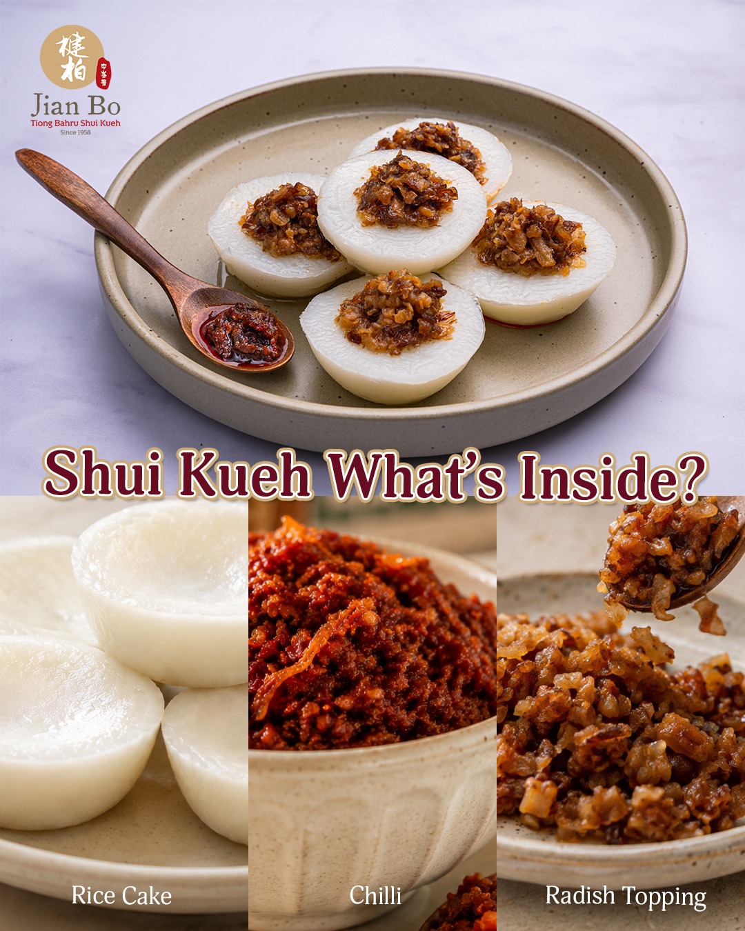 Shui Kueh What’s Inside? 🥢
Ever wondered what makes our Shui Kueh so irresistible? 👀
It’s all in the perfect combination:
🤍 Soft & fluffy rice cake
🌶️ Aromatic chilli
🧅 Savoury radish topping
Simple ingredients, but packed with that nostalgic, comforting flavour we all know and love. ❤️
Have yours for breakfast, tea time, or whenever that Shui Kueh craving hits!
📍 Jian Bo Tiong Bahru Shui Kueh
Come get your favourite local classic today!
#JianBo #TiongBahruShuiKueh #ShuiKueh #SingaporeFood #LocalFavourites #SingaporeFoodie #TraditionalFood #HawkerFood #SingaporeEats