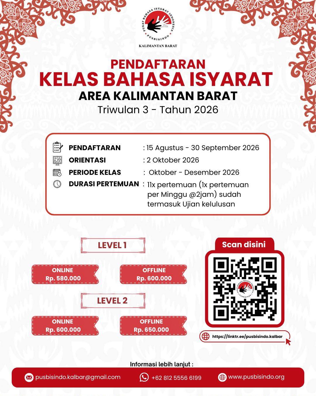Halo, Sahabat Pusbisindo Kalimantan Barat, Kabar baik nih!
Pendaftaran Kelas Bahasa Isyarat Indonesia (Bisindo) Level 1 & 2 Triwulan 3 Tahun 2026 resmi dibuka!
Buat kamu yang ingin mulai belajar Bisindo dari dasar, yuk, bergabung
Belajar langsung bersama guru Tuli profesional dan jadi bagian dari komunikasi yang lebih inklusif.
ποΈ Periode Pendaftaran:
Sampai 30 September 2026
(Pendaftaran dapat ditutup lebih awal apabila kuota telah terpenuhi)
π» Webinar Orientasi: 2 Oktober 2026
(Wajib diikuti sebelum kelas)
π Mulai Kelas:
π Tatap Muka: 3 Oktober 2026
π» Online via Zoom: 6 Oktober 2026
π Detail lengkap kelas dapat dilihat pada slide!
β¨ Benefit yang kamu dapatkan:
β
Belajar langsung bersama tutor Tuli profesional
β
Dapat sertifikat kelulusan
β
Pengalaman belajar yang seru dan inklusif
β
Skill komunikasi baru π€
π― Terbuka untuk umum, kuota terbatas!
π Daftar sekarang:
https://linktr.ee/pusbisindo.kalbar
π© Info lebih lanjut:
WhatsApp (chat only): 0812-5556-6199
Jangan ditunda-tunda, nanti kehabisan tempat! π
Ajak bestie kamu supaya belajar Bisindo makin seru! π€β¨
#Pusbisindo #PusbisindoKalbar #Bisindo #KelasBahasaIsyarat #BelajarBersama #Inklusif