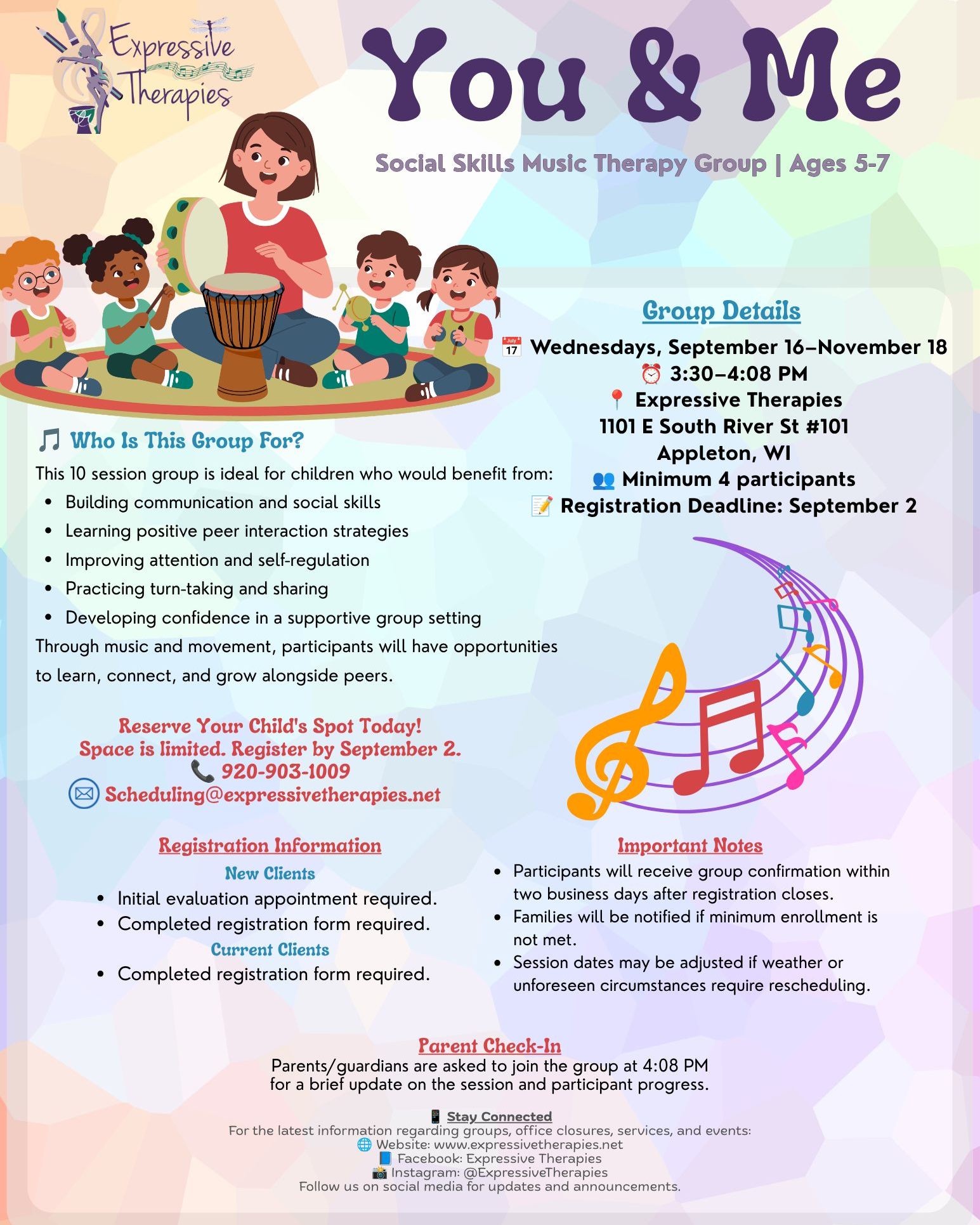 Fall Groups happening on WEDENSDAYS beginning on September 16th*! See photos for flyers with more descriptions.
*CRESCENDO will begin two weeks prior, September 2nd.
You & Me
This 10-session group is ideal for children ages 5-7 who would benefit from building communication and social skills, learning positive peer interaction strategies, improving attention and self-regulation, practicing turn-taking and sharing, developing confidence in a supportive group setting. Through music and movement, participants will have opportunities to learn, connect, and grow alongside peers.
True Colors
This 10-session music therapy group helps children ages 7-10 strengthen communication, social interaction, emotional regulation, and self-confidence through engaging music-based activities. Music provides a fun and engaging way for children to build social and communication skills. Through music-based experiences, participants will will be supported in their style of communication and have opportunities to learn, connect, and grow alongside peers.
CODA: Creative Opportunities for Developing Awareness
This 10-session music therapy group is designed for Tweens and teens who would benefit from additional opportunities to practice communication skills, build confidence, strengthen peer relationships, and develop emotional awareness in a structured and supportive setting.
CRESCENDO:
CRESCENDO is a 13-week performance group aimed to build friendships, practice social skills, learn and play music, perform with a group, and increase confidence. This group is designed for pre-teens to adults interested in music making & instrument play, individuals looking to build social confidence, and those wanting to practice collaboration and communication skills. No band experience required
#expressivetherapiesllc #creativeartstherapygroup #fallgroups