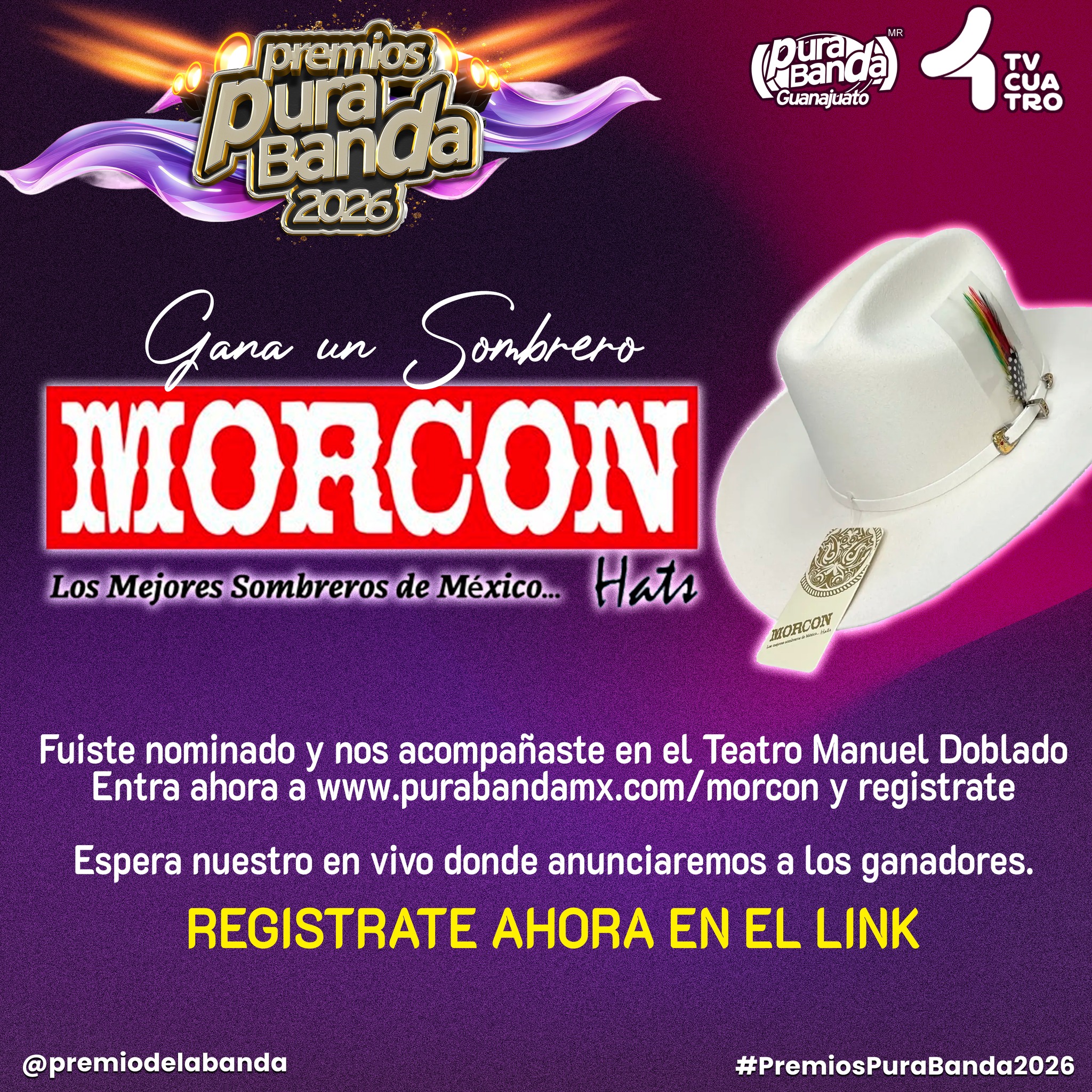 ¡Atención a todos los nominados asistentes a los Premios Pura Banda 2026! 🤠🎶
Si fuiste parte de esta gran fiesta de la música regional, ¡esta es tu oportunidad de llevarte una Texana Morcón 50X totalmente gratis!
👉 Participar es muy fácil, solo entra a:
🌐 www.purabandamx.com/guanajuato
⏳ ¡Apúrate! Tienes hasta la noche del miércoles 12 de agosto para registrarte. ¡Mucho éxito a todos! 🐎✨