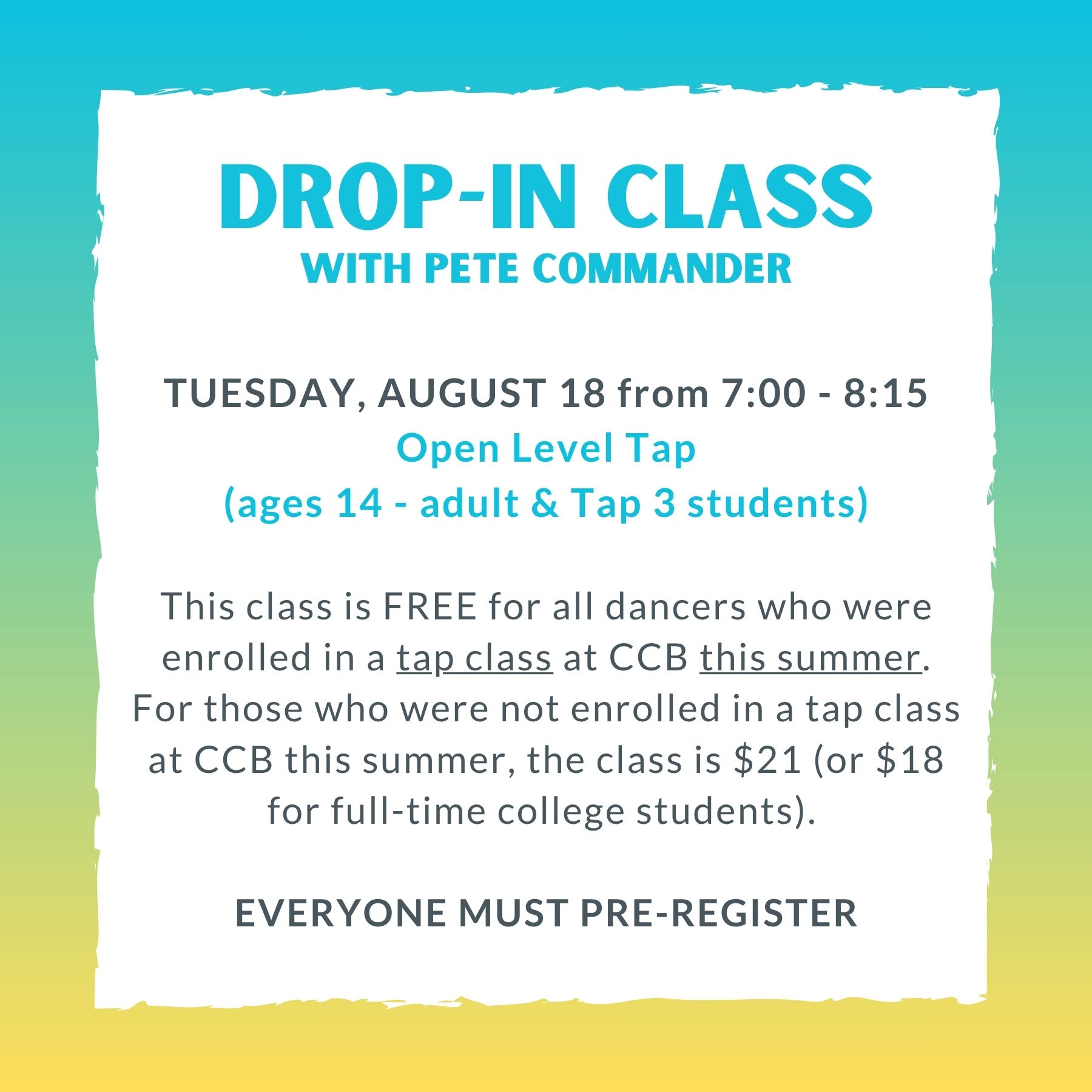 UPDATE: Ballet 2/3 will not be running on 8/19, and the Stretch class will run from 6:00-6:45.
——
Join us for some upcoming drop-in classes! 🥳 Open to dancers from all schools and studios!
✨ To drop in and join us, please sign-up for your class 3 hours prior to the start of the class. If you have ever been a registered student or have taken a previous drop-in class with us before, please register through the Portal in the Events section (email us if you need your account reactivated). If this is your first class at CCB, please use the link below to register.
https://app.jackrabbitclass.com/eventcalendar.asp?orgid=531959
.
.
.
.
.
#charmcityballet #ccb #charmcityballetlife #balletcompany #dancecompany #baltimoredance #baltimorecountydancestudio #marylandballet #balletinbaltimore #dropinclasses #dropinclass #balletclass #tapclass #pointeclass