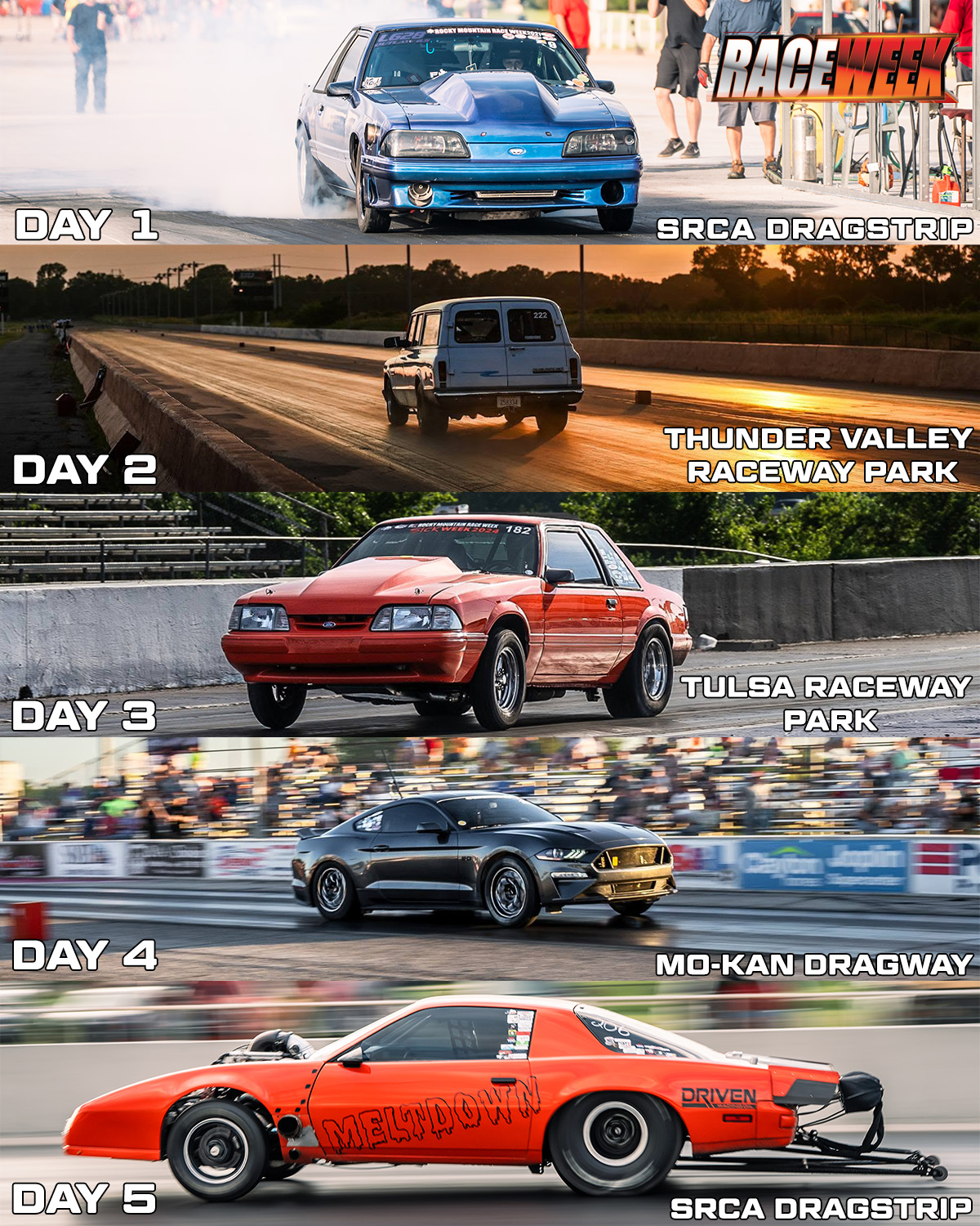 The ultimate fall route is locked in for October 4thβ8th! πΏποΈπ¨
5 days of track action and highway miles across SRCA Dragstrip, Thunder Valley, Tulsa Raceway, and Mo-Kan Dragway. Very limited driver spots remainhead to rockymountainraceweek.com to register! ππ
#rockymountainraceweek #rmrw #raceweek2 #draganddrive #racerregistration