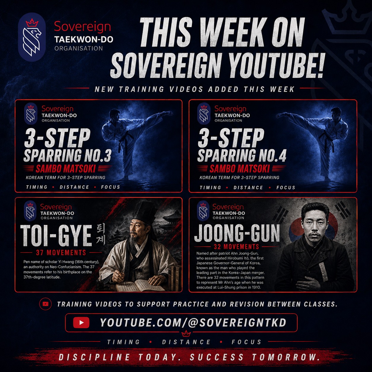 🎥 THIS WEEK ON SOVEREIGN YOUTUBE! 🥋
We’ve been busy adding more content to our Sovereign Taekwon-Do training library, giving students even more support for practice and revision between classes.
🆕 Added this week:
🥋 3-Step Sparring No.3 – Sambo Matsoki
🥋 3-Step Sparring No.4 – Sambo Matsoki
🔴 TOI-GYE – 37 Movements
🔵 JOONG-GUN – 32 Movements
Our pattern videos don’t just demonstrate the movements — we’re also including the meaning and history behind each pattern, helping students understand what they are learning as well as how to perform it.
Whether you’re learning something new, preparing for grading or just want to polish the details, head over to our YouTube channel and take a look 👇
▶️ https://www.youtube.com/@sovereigntkd
And there’s plenty more still to come… 👀
👑 Discipline Today. Success Tomorrow.
#SovereignTaekwonDo #TaekwonDo #ITF #TaekwonDoTraining #TaekwonDoPatterns #SamboMatsoki #ThreeStepSparring #ToiGye #JoongGun #MartialArts #TrainingAid