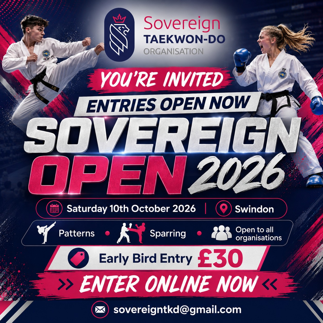 🥋 YOU’RE INVITED — ENTRIES ARE NOW OPEN! 🥋
We’re excited to officially open entries for the Sovereign Open 2026, taking place on Saturday 10th October 2026 at The Deanery CE Academy School, Swindon.
This is an open Taekwon-Do competition, welcoming competitors from all organisations and associations, provided they hold a current Taekwon-Do licence/eCard with their own organisation or NGB.
✅ Individual Patterns
✅ Sparring
✅ Juniors 4–12
✅ Cadets 13–17
✅ Adults 18–30
✅ Seniors 31+
✅ Spectators FREE
✅ TCUK Kickmark Certified Standard
Early Bird Entry: £30
After 1st October: £35
Closing date: Thursday 8th October 2026
Whether you’re bringing one competitor or a whole team, we’d love to welcome you to Swindon for a friendly, competitive and enjoyable day of Taekwon-Do.
👉 ENTER ONLINE NOW:
https://comp.ibishi.co.uk/a291b993345/sovereign-open-2026/
The full Sovereign Open 2026 Information Pack is also available via the entry page.
📧 Instructors entering 5+ students can request a block entry form, or contact us with any questions, at sovereigntkd@gmail.com
Tag your club. Tag your teammates. Get your entries in. We’ll see you on the mats! 👊🥋
#SovereignOpen2026 #TaekwonDo #TKD #OpenCompetition #MartialArts #Patterns #Sparring #Swindon #TaekwondoCompetition #TeamSovereign