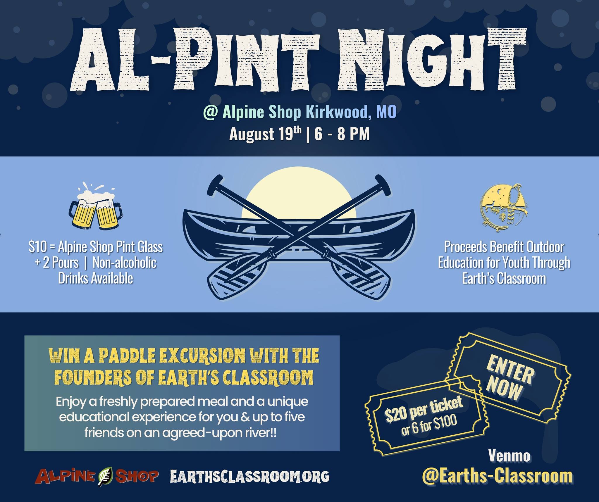 AL-PINT NIGHT | TUESDAY, AUGUST 19th
We’ve got a pretty fun raffle planned for Wednesday night at Alpine Shop (Kirkwood, MO location), and here’s what’s up for grabs:
🛶 A day on the water for you and up to five friends! Enjoy a freshly prepared meal and a one-of-a-kind educational adventure on a river we’ll choose together.
Come hang out, grab a pint, support Earth’s Classroom, and maybe head home with something fun for your next outing! 🍻