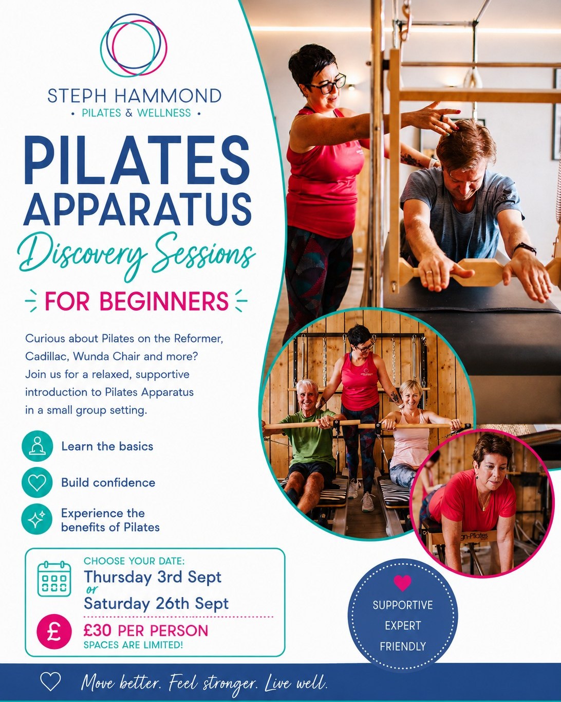 PILATES APPARATUS DISCOVERY SESSIONS FOR BEGINNERS!
Experience the transformative power of Pilates with my intimate 1 hour Apparatus Discovery Sessions.
Designed especially for beginners and newcomers to Reformer and Apparatus Pilates, these small-group classes offer a guided introduction to Joseph Pilates’ revolutionary system—covering equipment like the Reformer, Cadillac, Wunda Chair, Ladder Barrel and more.
In just 1 hour, you'll have the opportunity to explore how each piece of apparatus supports, challenges, and enhances movement while learning the fundamentals of the Pilates method in a welcoming, hands-on environment. By the end of the session, you'll feel more confident using the equipment, gain a deeper understanding of the Pilates system, and be ready to take the next step in your practice.
Whether you're curious about Pilates or ready to begin your practice, this discovery session is the perfect first step.
Ready to begin?
Choose from:
Thursday 3rd Sept 5pm
OR
Saturday 26th Sept 10.45am
£30 per person. With only 4 places per session, early booking is essential.
Book your space at www.stephhammondpilates.com/coursesandworkshops (link in bio)
All ages and abilities welcome. If you have any injuries or issues, please email me at info@stephhammondpilates.com before booking.