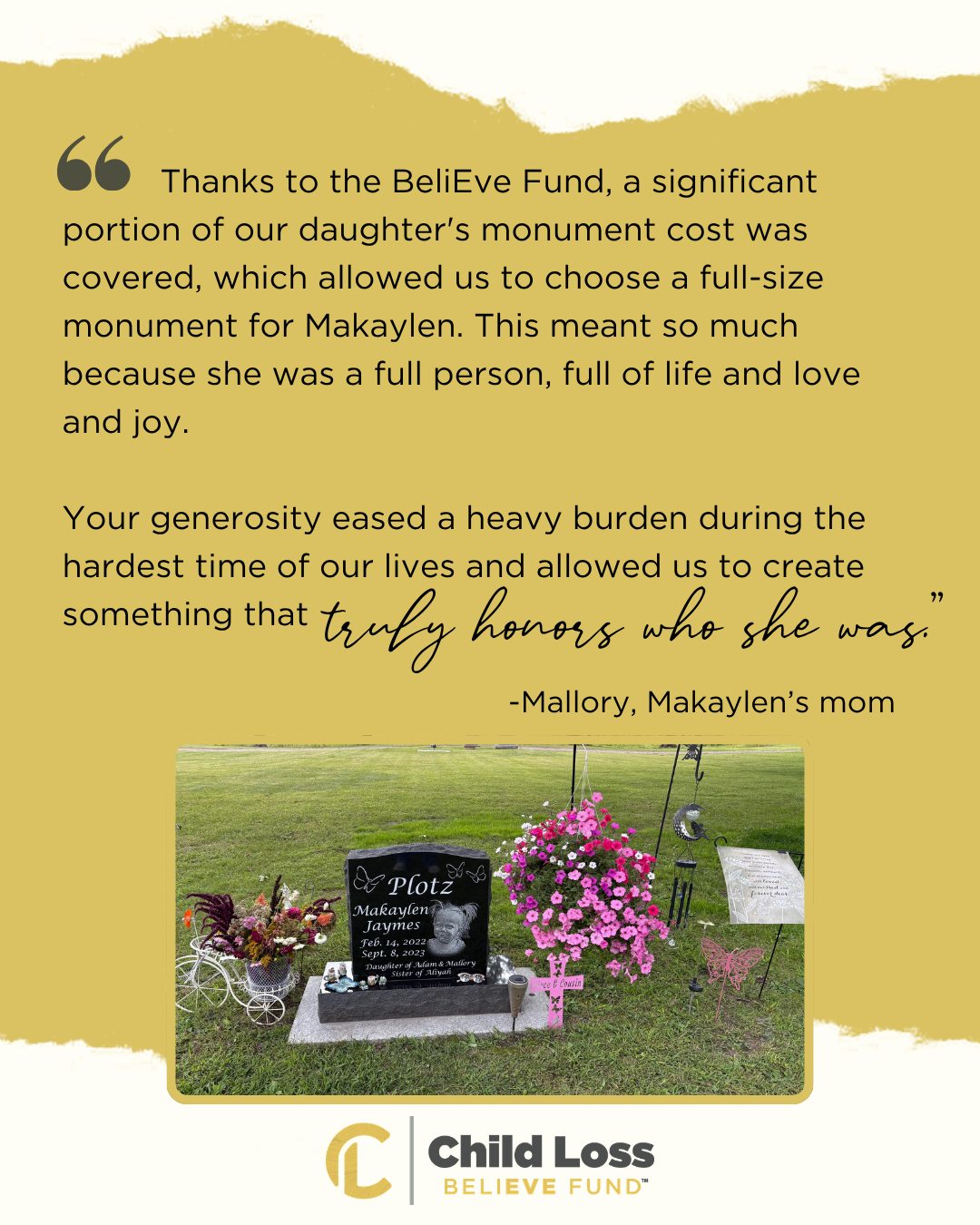 After the unexpected loss of their 18-month-old daughter, Mallory and her husband faced countless decisions no parent ever imagines having to make.
With support from the BeliEve Fund, they were able to create a meaningful memorial that honors their daughter Makaylen’s life and gives their family a special place to remember her.
#griefsupport #childloss #financialassistance #believefund #bereavedparents
