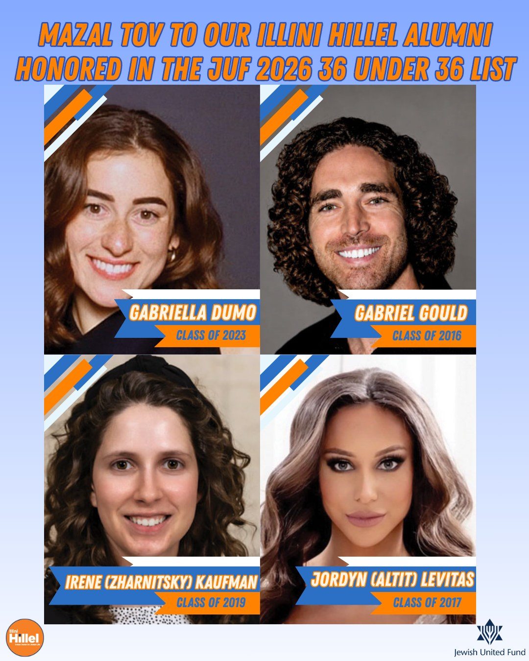 Before the summer gets away from us, we wanted to celebrate some outstanding alumni.
Congratulations to @gabriellad1234 , Gabe Gould , @irene_kauf , and @jor@jordynlevay on being recognized in JUF's 15th annual Double Chai in the Chi: Chicago’s Jewish 36 Under 36 list. We're so proud to see Illini Hillel alumni making an impact across Chicago and beyond.
Check out the full list of 2026 36 Under 36 honorees at https://www.juf.org/young-adults/36-under-36/
I-L-L!
I-N-I!
Go Illini!!
