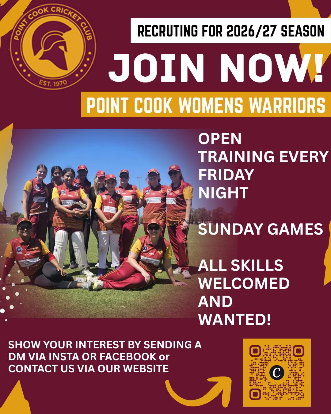 Point Cook Cricket Club Women Warriors are looking for more players to join their team!
No experience- NO WORRIES! Whether you haven’t picked up a bat in years or never played, there is place for you in our team 💪🏼
Cricket isn’t just a game, it’s a chance to get active, meet new people, get involved in the community, make lifelong friends and do something FOR YOU!
🏏 Social or competitive — there’s something for everyone!
🏏 All skill levels welcome
🏏 Women aged 16+ welcome
🏏 A supportive, fun and inclusive club environment
So grab your besties, your workmates, your sister, your mum — anyone who’s keen! — and come give cricket a go. 🙌
📲 Scan the QR code or follow the link below to access the clubs website:
https://www.pointcookcc.org.au
Come join the Warriors — we’re saving you a spot! 🏏
#Womeninsports #Warriorway #pointcook #cricketcommunity