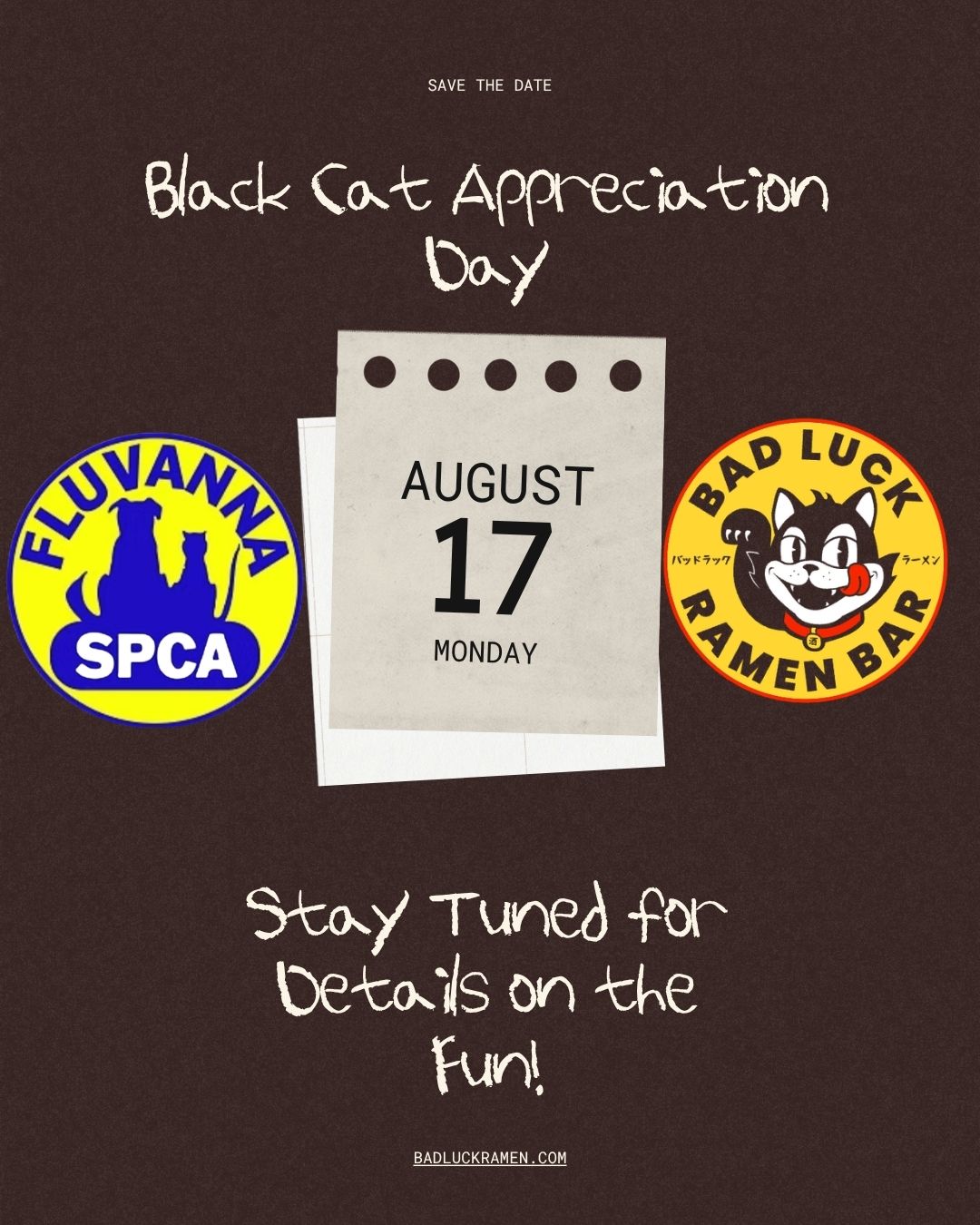 Special event for Black Cat Appreciation Day at Bad Luck Ramen Bar in Charlottesville!
Keep an eye on our social for the details on the fun and tricks!
#communitysupport #localbusiness #blackcatsaregoodluck #kindachic #ramen #adoptdontshop