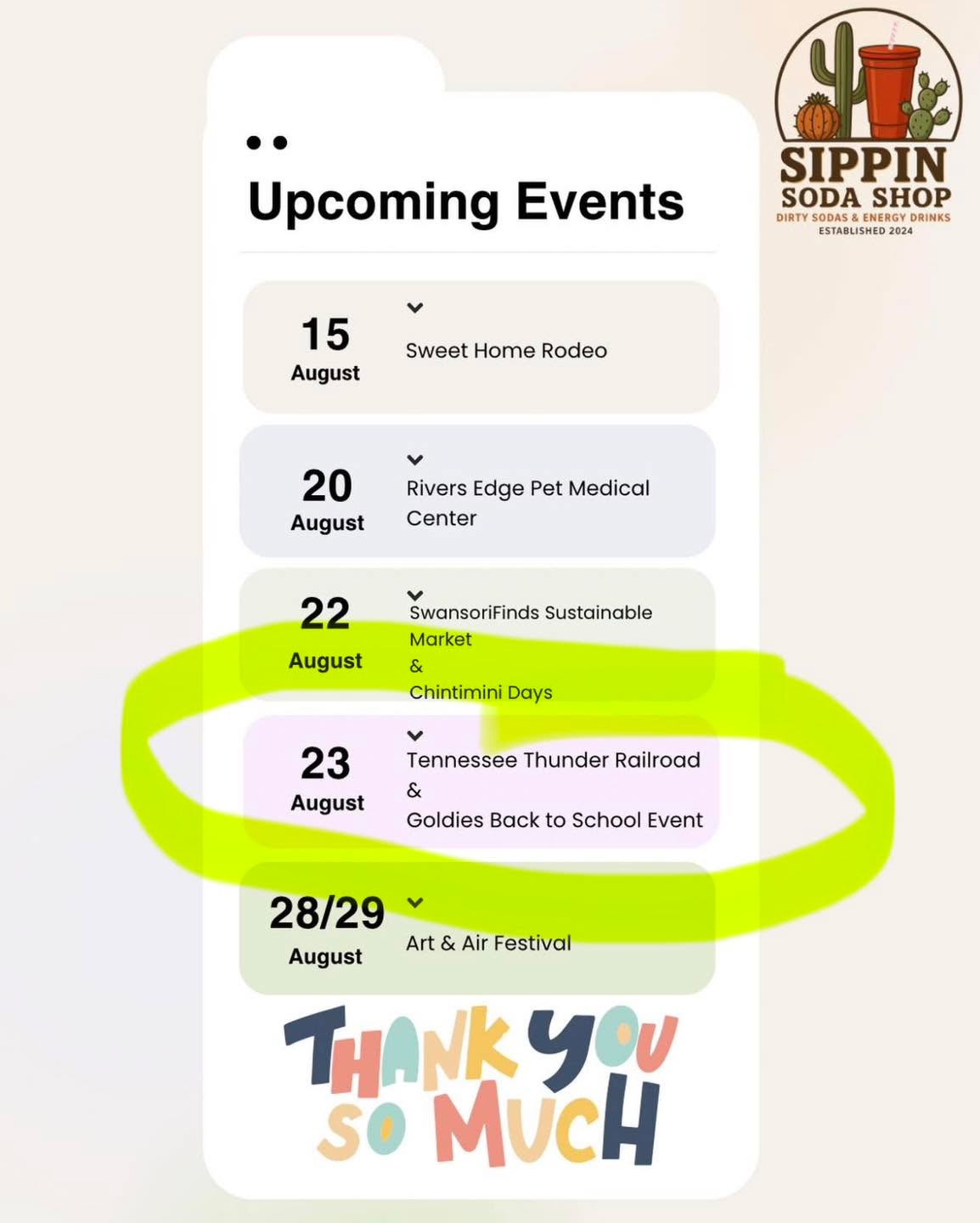 🥤 👀 Look who’s coming to Tennessee Thunder on Sunday, August 23rd!
The Sippin’ Soda Shop!
We’re already thinking about what we will order 🤔
What’s your favorite order from The Sipping Soda?!
#lebanonoregon #soda #smallbusinesses #supportsmallbusinesses