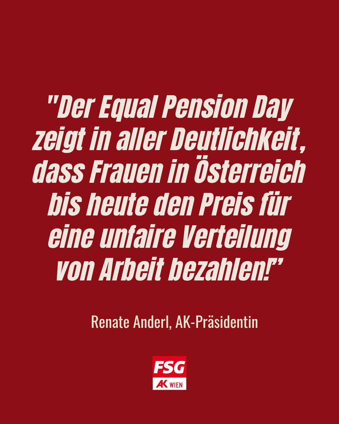 Frauen bekommen in Österreich um 39,4% weniger Pension als Männer. Das ist EU-weit die zweithöchste Pensionslücke, nach Malta.
Wir fordern:
→ Bessere Anrechnung von Kindererziehungszeiten
→ Ausbau leistbarer Pflege- und Kinderbildungs- und Betreuungseinrichtungen
→ Faire Löhne durch Lohntransparenz
→ Kein höheres Pensionsantrittsalter
Care-Arbeit ist Arbeit. Und sie muss sich auch am Pensionskonto auszahlen!