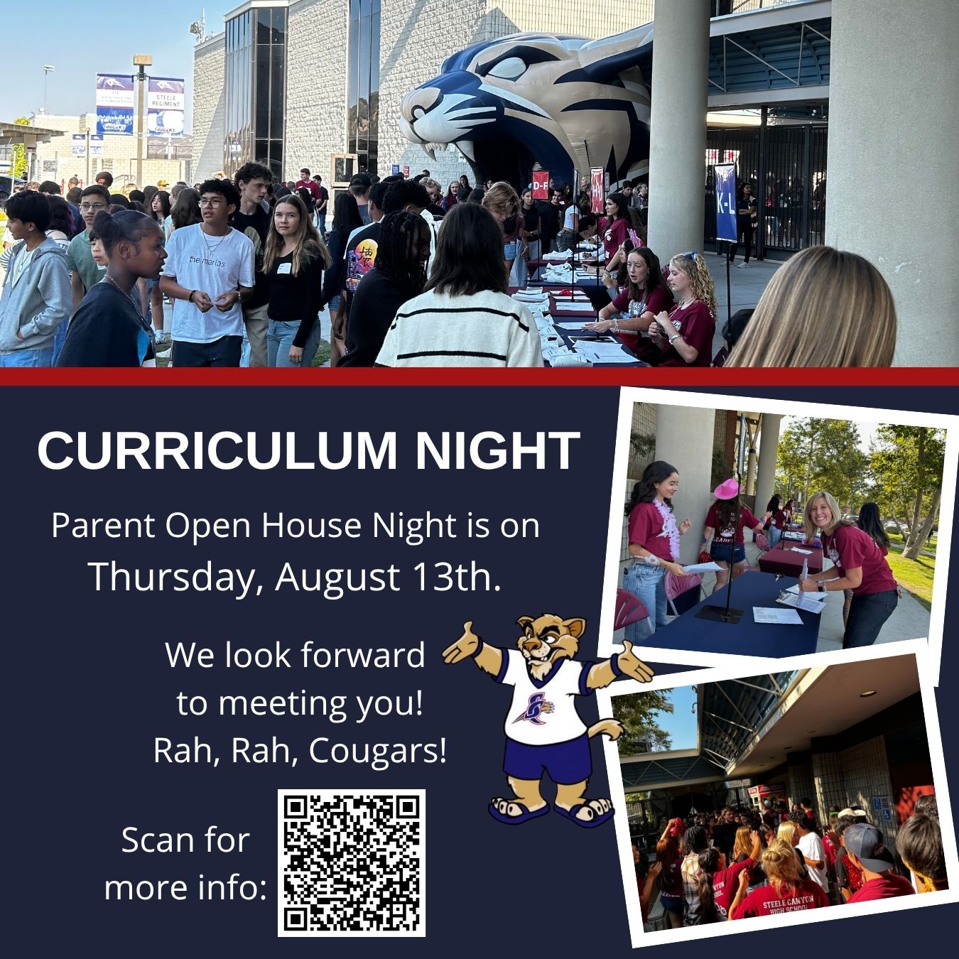 ๐ Curriculum Night is tomorrow! ๐พ
Join us at Steele Canyon High School on Thursday, August 13, 2026 for Curriculum Night!
๐ Welcome: 5:40โ6:00 PM in the Gym
๐น Block 1: 6:10โ6:30 PM
๐น Block 2: 6:35โ6:55 PM
๐น Block 3: 7:00โ7:20 PM
๐น Block 4: 7:25โ7:45 PM
Please have your student fill out their schedule and bring it with you. Students with A/B classes may attend either course or switch after 10 minutes.
We look forward to welcoming our Cougar families! ๐๐
