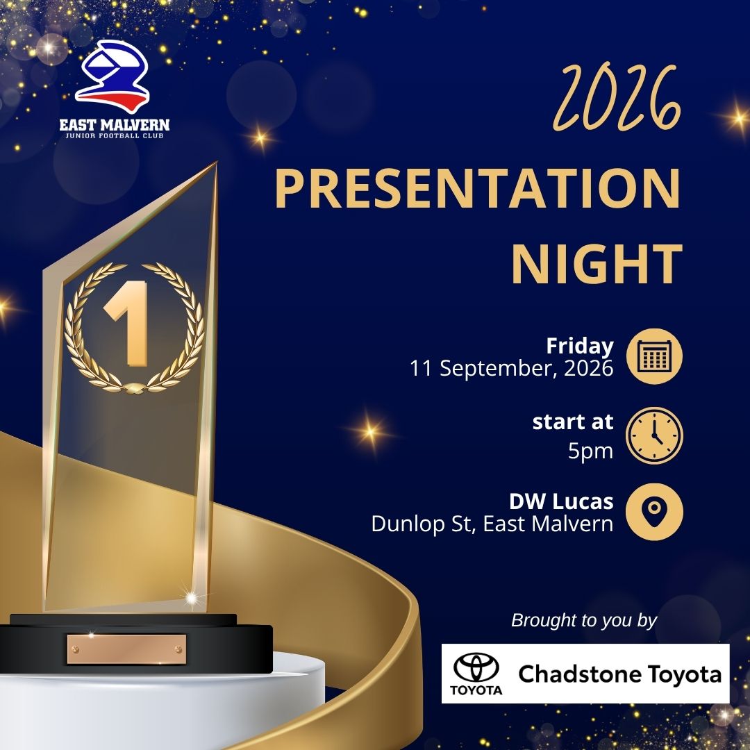 Get ready to celebrate our champs of 2026!!!
All players and their families are invited to our Presentation Night, proudly brought to you by Chadstone Toyota, on Friday, September 11, 2026, starting at 5 pm. Join us for an evening of fun, celebration, and community spirit.
The BBQ will be sizzling with tasty sausages, and the bar will be open for the parents to enjoy. Lets come together to honor our teams hard work and achievements this season. See you there!
#goknights #eastmalvernknights #onceaknightalwaysaknight
