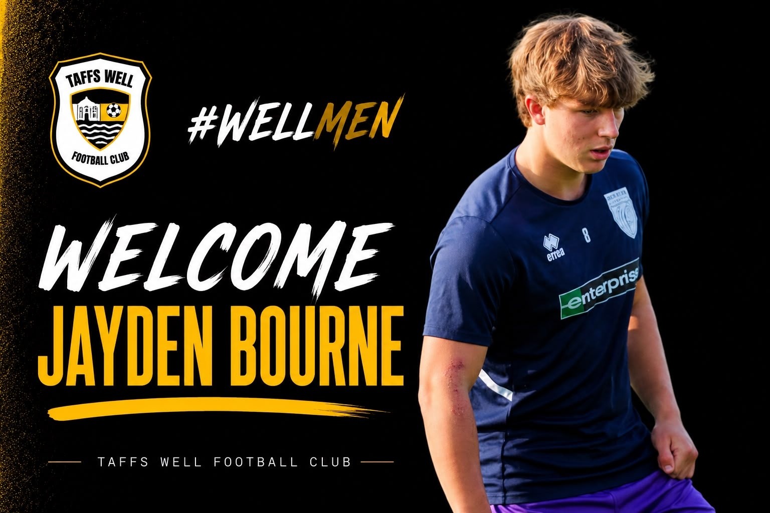 We’re delighted to welcome Jayden Bourne to Taffs Well on a short-term agreement from Merthyr Town FC.
Jayden is a highly rated young talent, and we’re excited to see him develop and perform on the pitch with the Wellmen.
A big thank you to Paul Michael and everyone at Merthyr Town for working with us to make the move happen.
We can’t wait to see Jayden in action! 💛🖤