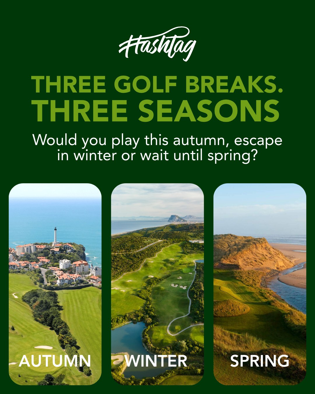 When would you rather take your next golf trip?
Choose autumn if you want to get away sooner, winter if a five-star break sounds more appealing, or spring if you’re happy to plan ahead for onsite golf in Aberdeen.
Tell us AUTUMN, WINTER or SPRING—and what makes it the right choice for you.
Save this for when the group chat finally starts planning.
If one of the packages stands out, visit our website to get a quote.