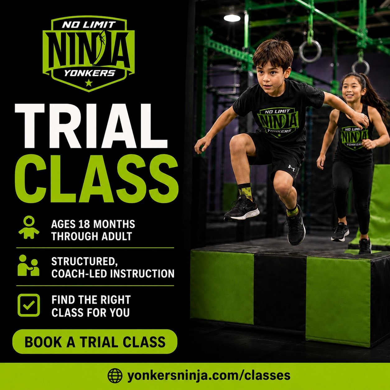 Thinking about trying ninja classes? Start with a trial class at No Limit Ninja Yonkers.
You’ll join a regularly scheduled class and experience the same structured, coach-led instruction as enrolled students. Coaches provide feedback, observe readiness and help recommend the right ongoing class.
Programs are available for ages 18 months through adult.
If you enroll, the cost of your trial class will be applied toward your first session of classes.
Book your trial class at yonkersninja.com/classes or see link in bio.
#NoLimitNinjaYonkers #NinjaClasses #WestchesterKids #YonkersNY #YouthFitness #NinjaTraining