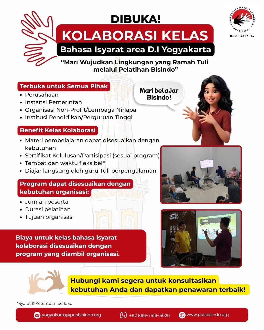 Jalan-jalan Malioboro,
Jangan lupa makan bakso!
Yuk belajar Bisindo,
Bareng kita Pusbisindo! π€β¨
Kami membuka Kelas Kolaborasi Bisindo untuk perusahaan, instansi pemerintah, kampus, dan organisasi/lembaga di D.I. Yogyakarta.
β¨ Materi dan paket dapat disesuaikan dengan kebutuhan lembaga!
π¬ Konsultasi GRATIS untuk menentukan program yang paling sesuai.
Siap berkolaborasi menciptakan lingkungan yang lebih ramah Tuli? π€
π© Hubungi Pusbisindo DIY melalui WhatsApp:
https://wa.link/fl7l8s (089675195020)
Mari belajar Bisindo, mari bangun komunikasi inklusif! β€οΈ
#Pusbisindo #KelasKolaborasiBahasaIsyarat #KelasBahasaIsyarat #Bisindo #BahasaIsyaratIndonesia