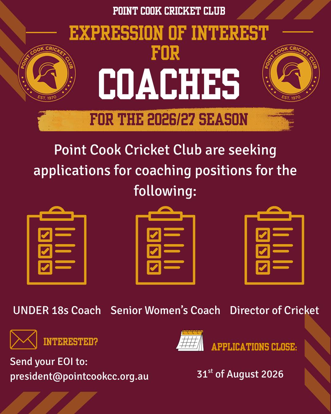 EXPRESSION OF INTEREST | COACHING ROLES
Point Cook Cricket Club are looking for passionate and enthusiastic people to join the coaching team for this upcoming season 🔥
We are seeking expression of interest for different coaching roles across the club.
If you’re a natural leader and passionate with helping players grow and develop then we’d love to hear from you 📩
Please send your EOI to the president email by the 31st of August ⏰
