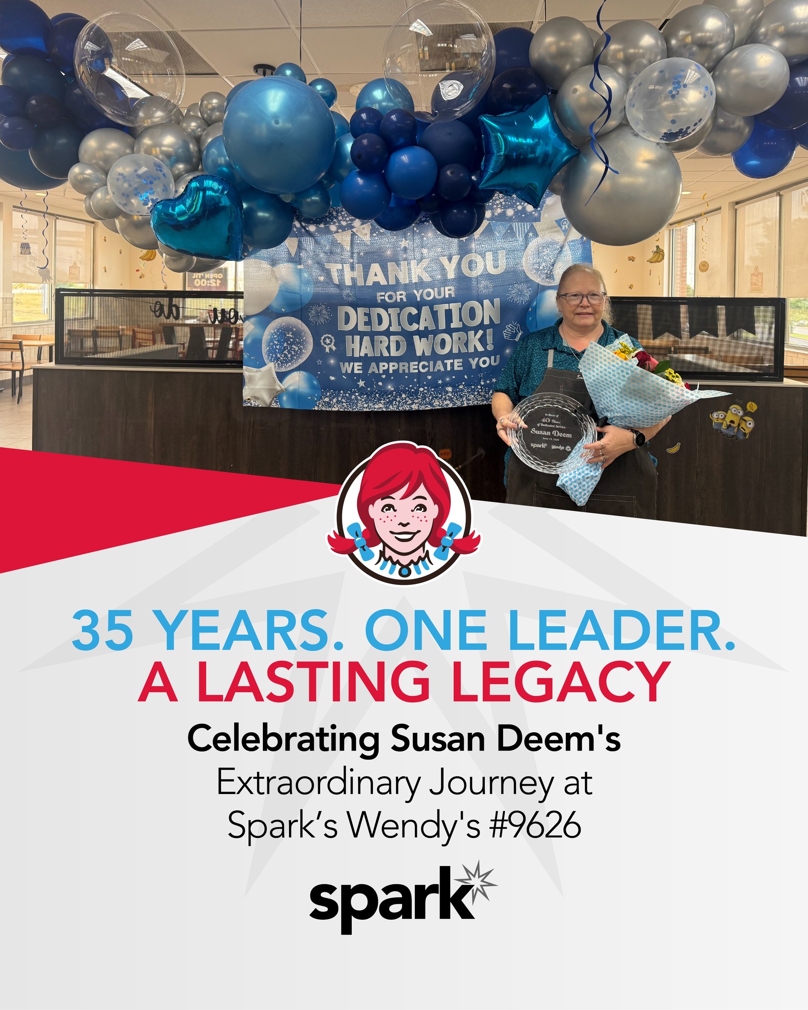Thirty-five years isn't just a career milestone. It's a legacy built one shift, one team member, and one guest at a time.
Congratulations to Susan Deem on celebrating 35 years with Wendy's.
Through decades of change, growth, and opportunity, Susan has remained a constant example of dedication, leadership, and heart. Her impact reaches far beyond the walls of Store #9626 through the people she's coached, the teams she's strengthened, and the culture she's helped build.
At Spark, we believe the strongest organizations are built by people who choose to invest in others year after year. Susan's journey is a powerful reminder of what can happen when people are given the opportunity to grow, lead, and make a lasting difference.
Congratulations, Susan, and thank you for helping Light the Spark for generations of leaders.
Learn more about a company where careers can become legacies:
sparkhou.com/join-us
#SparkHou #Wendys #35Years #CareerMilestone #EmployeeRecognition #LeadershipLegacy #RestaurantLife #PeopleDevelopment #CareerGrowth #TeamCulture #LightTheSpark