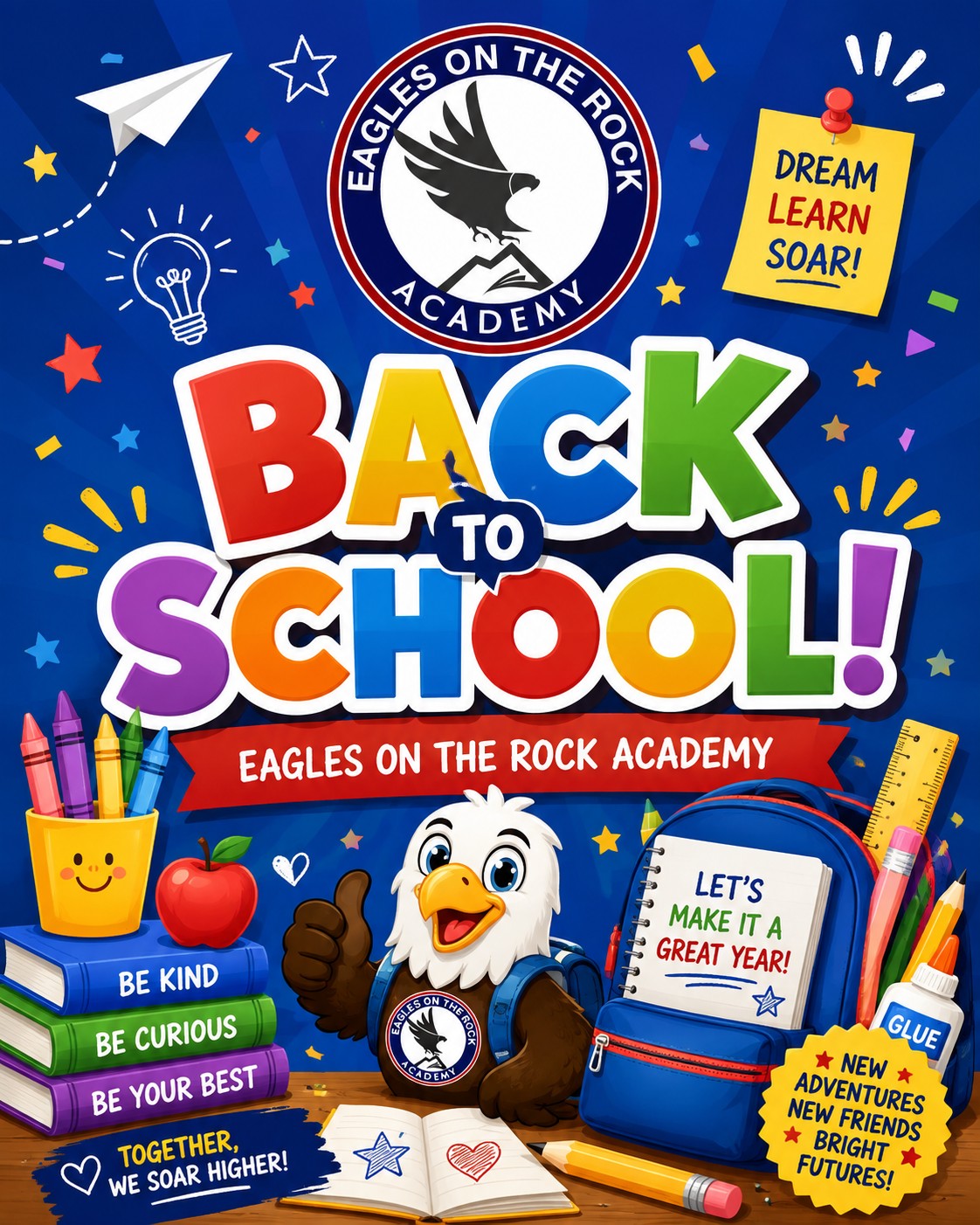 πβ¨ Back to School is here at Eagles on the Rock Academy! π¦
π
A new year means new adventures, new friendships, and new opportunities to learn, grow, and soar higher together!
Welcome back, EOTRK Eagles! π¦
β¨
#EOTRK #BackToSchool #EaglesOnTheRock #NewSchoolYear #ReadyToSoar