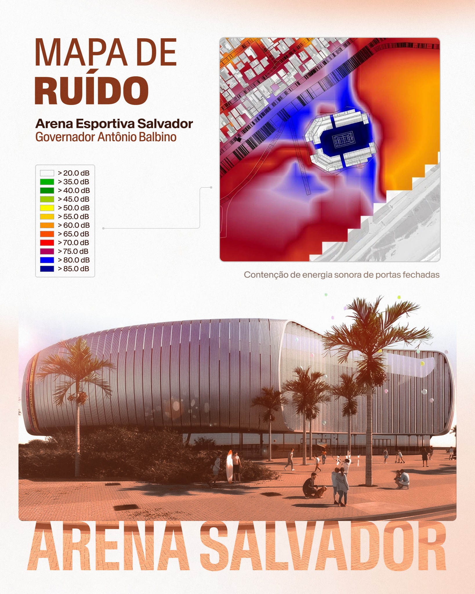 Projetar uma arena multieventos envolve muito mais do que arquitetura.
O impacto sonoro no entorno é um dos fatores mais críticos para o licenciamento e a convivência harmoniosa com a cidade!
Realizamos o mapeamento e predição de ruído para a implantação da Arena Salvador, analisando a propagação sonora na região da Boca do Rio.
Neste estudo, aplicamos metodologias de simulação acústica para:
Predizer o ruído gerado por eventos de grande porte;
Apresentar a propagação sonora por meio de curvas isosônicas;
Estabelecer limites seguros de emissão sonora, respeitando a legislação vigente.
Com dados precisos, garantimos que a cultura e o entretenimento evoluam em sintonia com o bem-estar da população.
Arquitetura: @fernandes_arqbr
Mapa Acústico: @arq.marcelo.ferreira / @gleidson_acustica / @deborabarretto