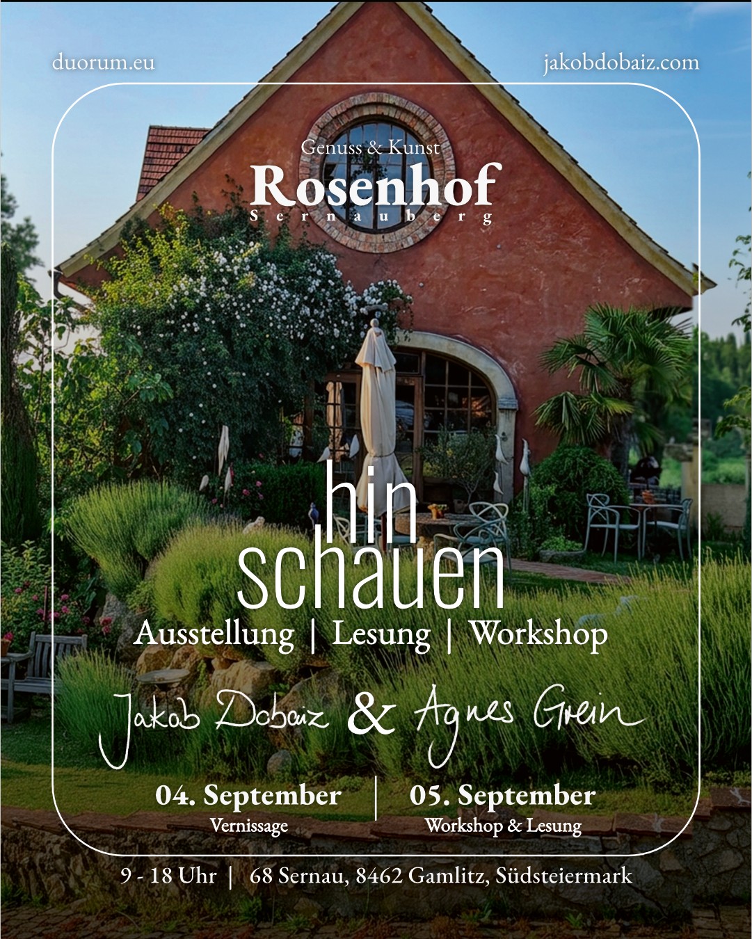 🌿 Save the Date – Kunst & Lyrik in der Südsteirischen Weinstraße! 🍷
Wir laden euch herzlich an den wunderschönen Rosenhof am Sernauberg bei Gamlitz ein. Zwei Tage Kunst, Lyrik und Begegnung am wunderschönen Rosenhof – mitten im südsteirischen Weingebiet am Sernauberg bei Gamlitz.
Das genaue Programm & alle Infos schicken wir euch gerne direkt per DM! 📩
Freitag: Vernissage
Samstag: Open House mit Lesung, Live-Musik & Bildhauer-Workshop zum Mitmachen.
Anmeldung: Gerne über den Link in unserer Bio https://forms.gle/EysCHd2PMSTtUuuU7
Spontan? Kein Problem, kommt einfach vorbei!
Wir freuen uns auf euch! ✨🎨
#SaveTheDate #KunstUndLyrik #DuorumKollektiv #Südsteiermark #Vernissage #Gamlitz #Bildhauerei #OpenHouse